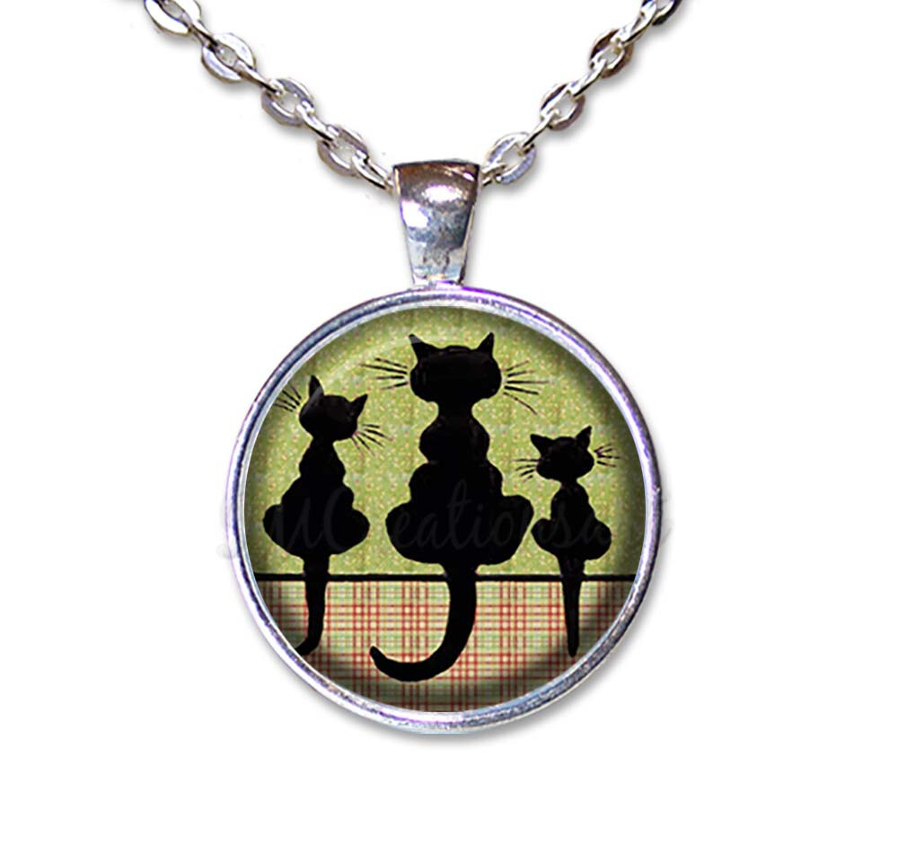 Black Silhouette Cat Family Handmade ROUND Glass Pendant Necklace BRIGHT SILVER