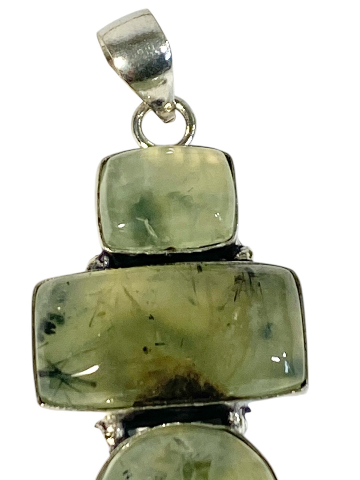 Prehnite Cabochon 3 Gemstone Ethnic Handmade Pendant 925 Silver 17.9 g 2.88″