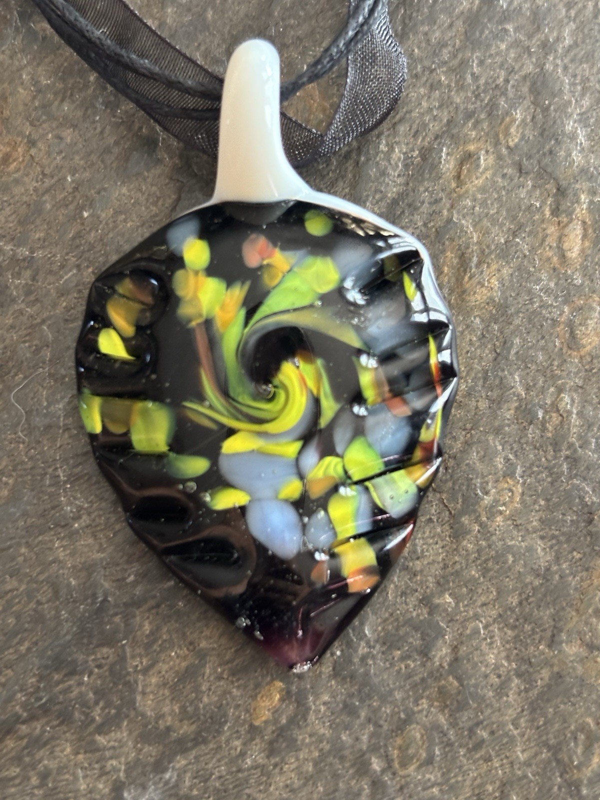 Art Glass Pendant With Black Cord & Ribbon Chain Boho Artsy Grandmacore