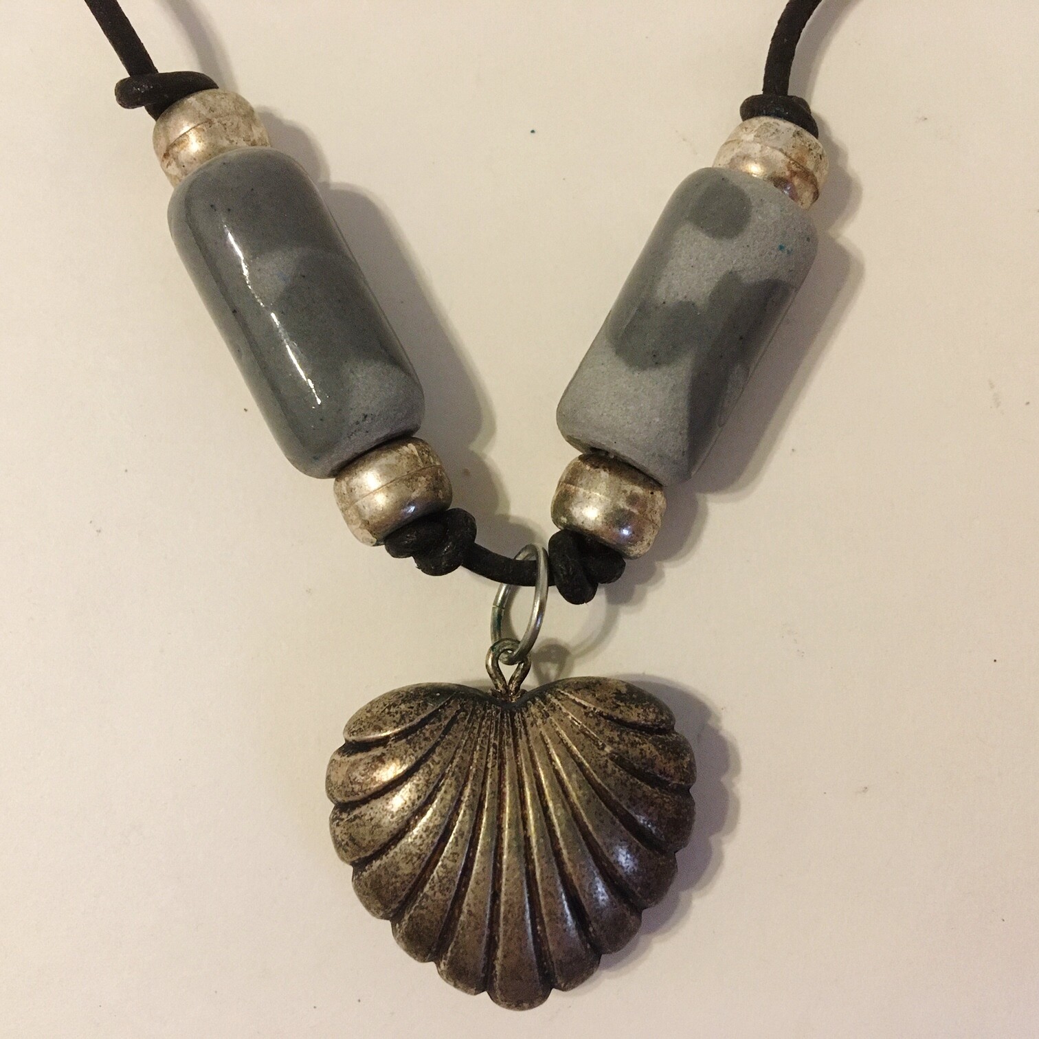 Silver Heart Pendant Black Cord Necklace Grey Clay Beads Metal Handcrafted New