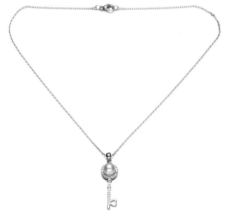 18″ Key Wedding Necklace Bridesmaid Gift Silver White Pearl CZ Pendant Box PE5