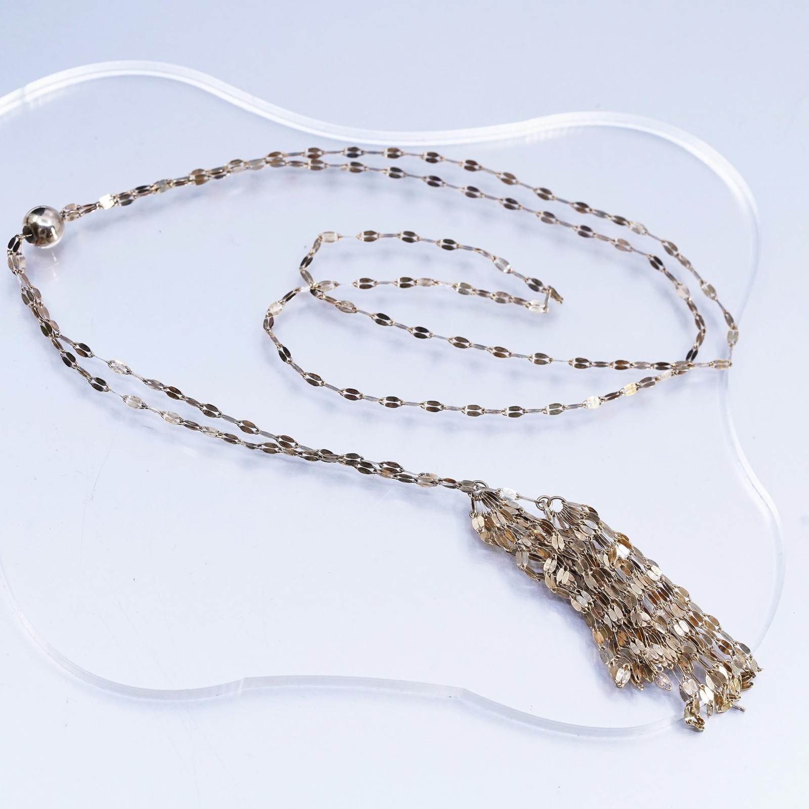 24″ KA1772 Italian vermeil gold Sterling 925 silver flatten necklace 6” fringe