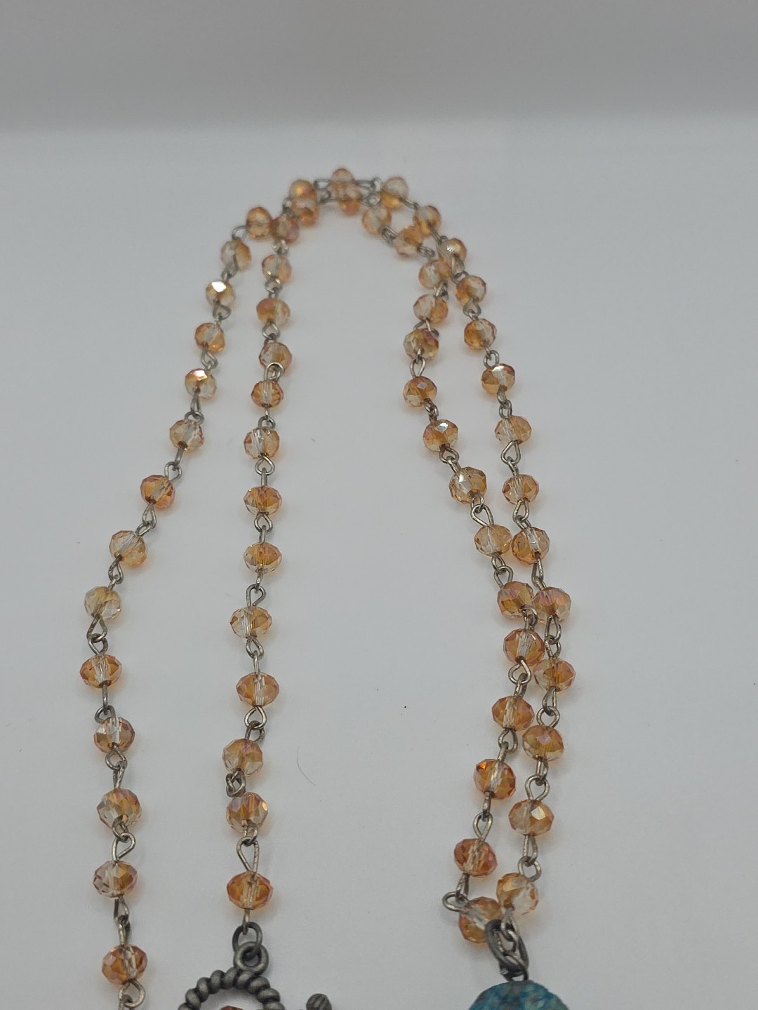 LongTurquoise Stone Pendant Necklace Amber Glass Beads Boho Artisan Style Toggle