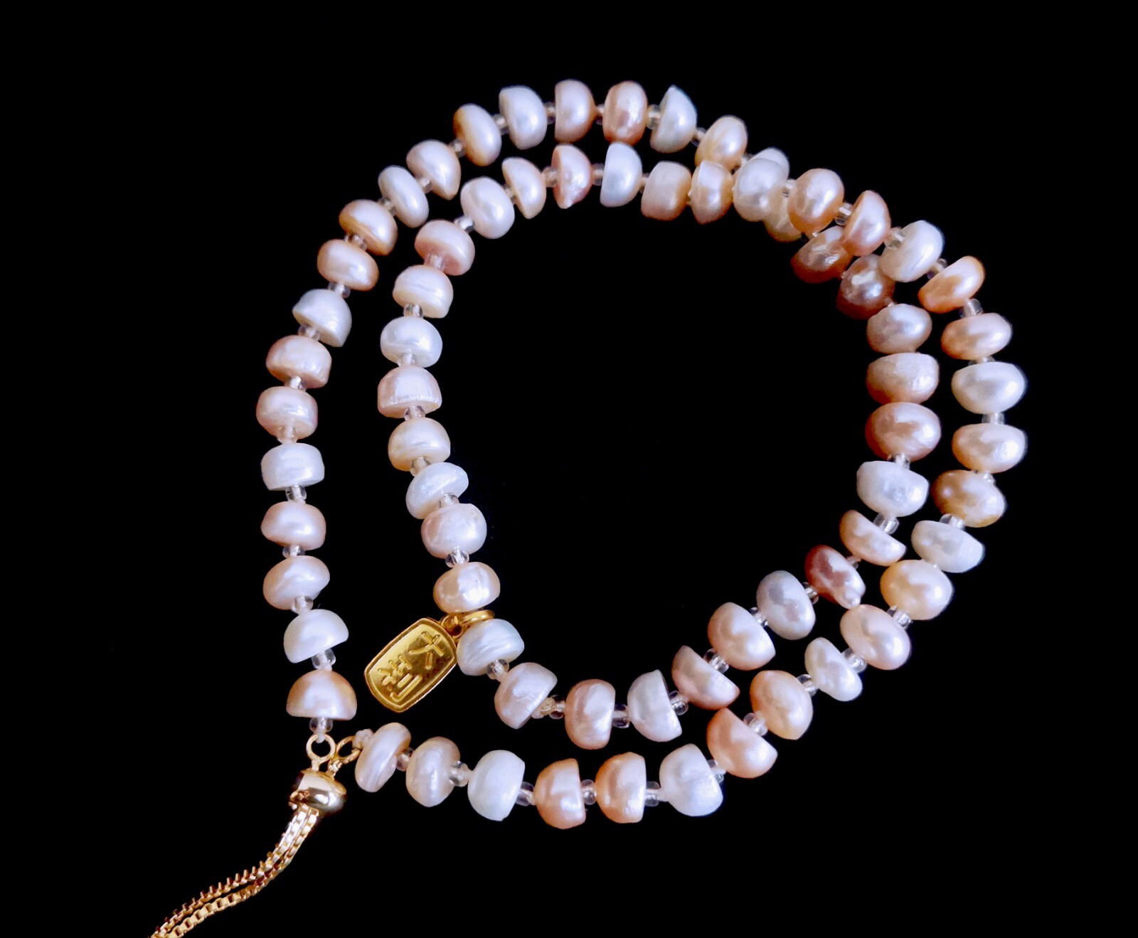 white pink Cushion freshwater pearl Adjust box chain bolo neckace 25″