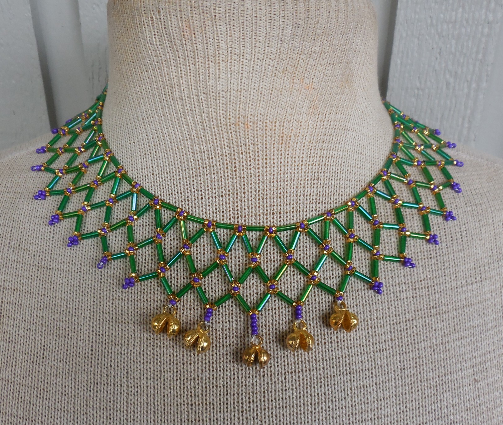 Netted Weave Adjustable Beaded Choker Necklace with Bells in Green Gold Purple