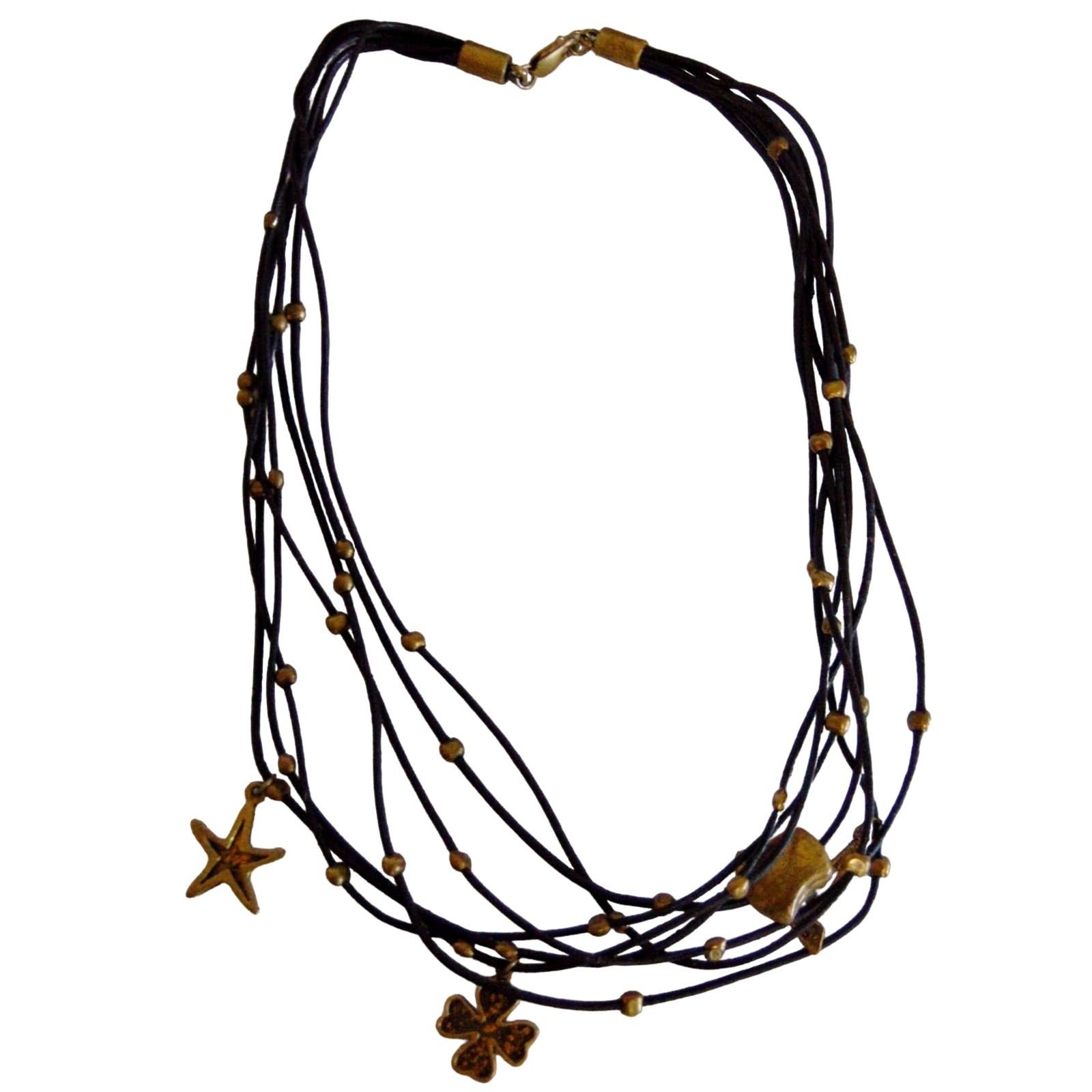 Leather Multi Strand Charm Necklace Brass Bead Sterling Gold Clover Star Nugget