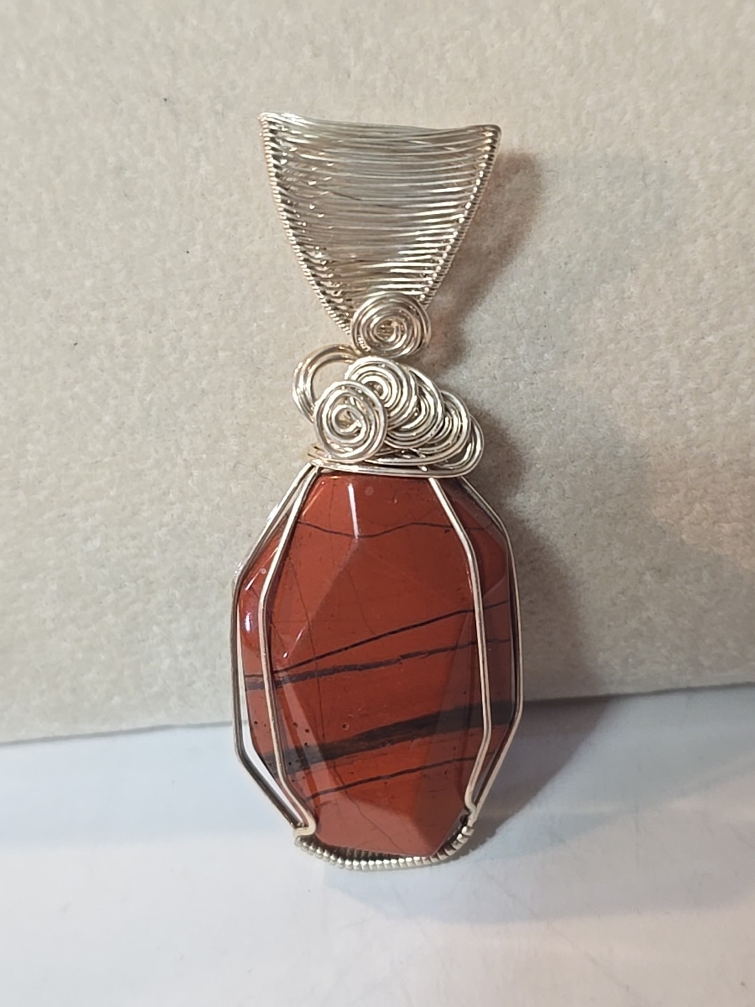 Red Jasper Agate Wire Wrapped Sterling Silver Pendant Necklace Unisex Adults