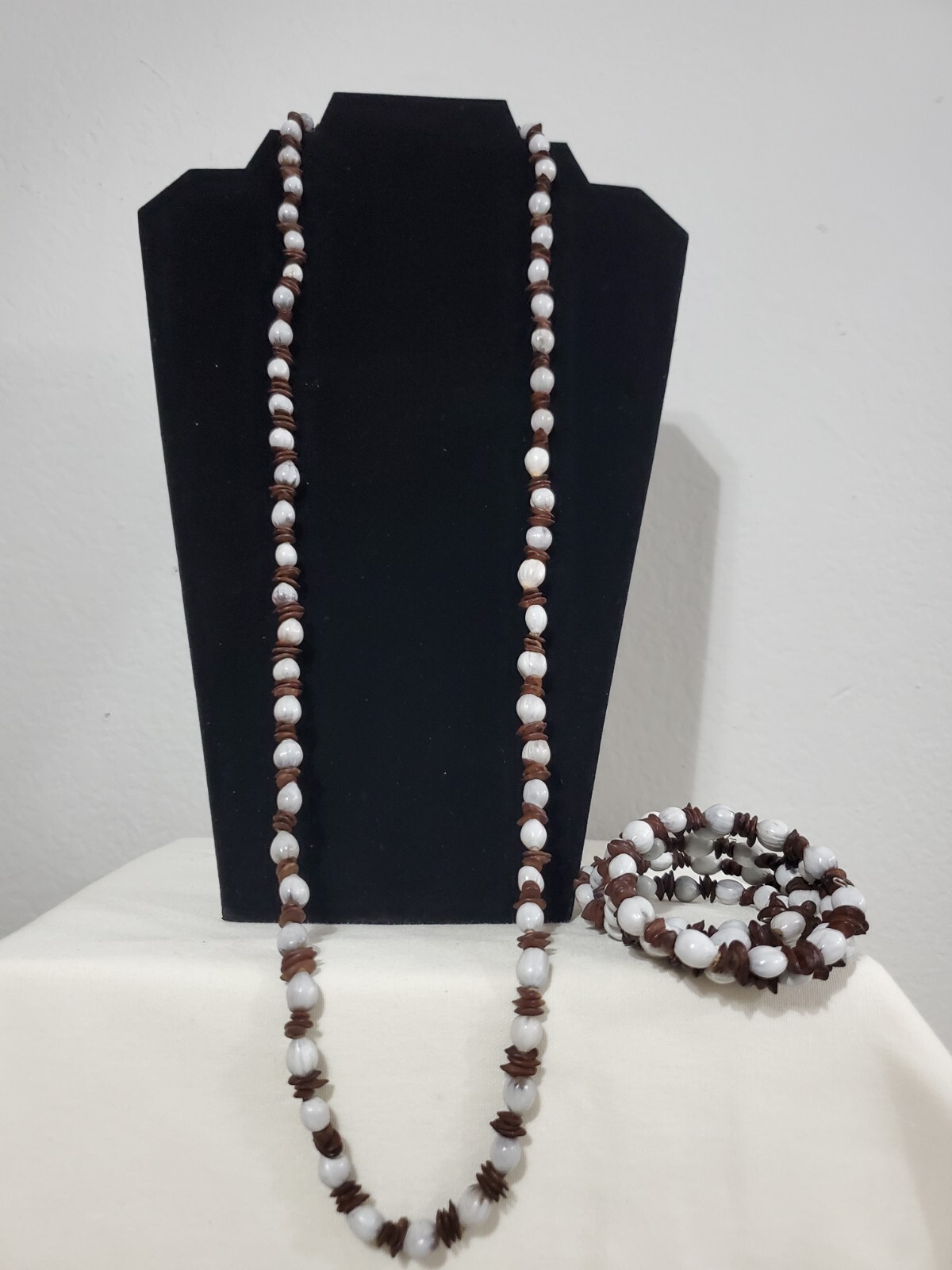 Handmade Long African Necklace With Matching Bracelet In Brown And White