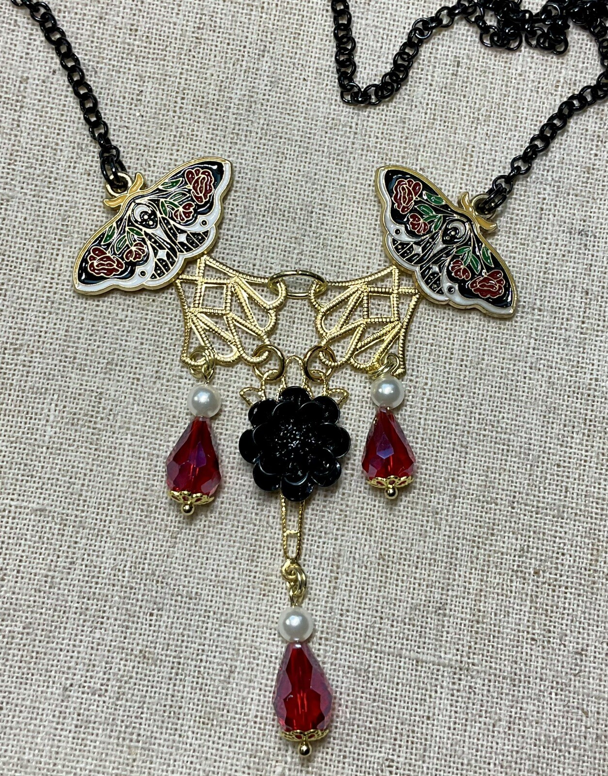 Rose Moth Necklace- Gold, Red & Black Tone, 20” Circumference, Red Glass Beads