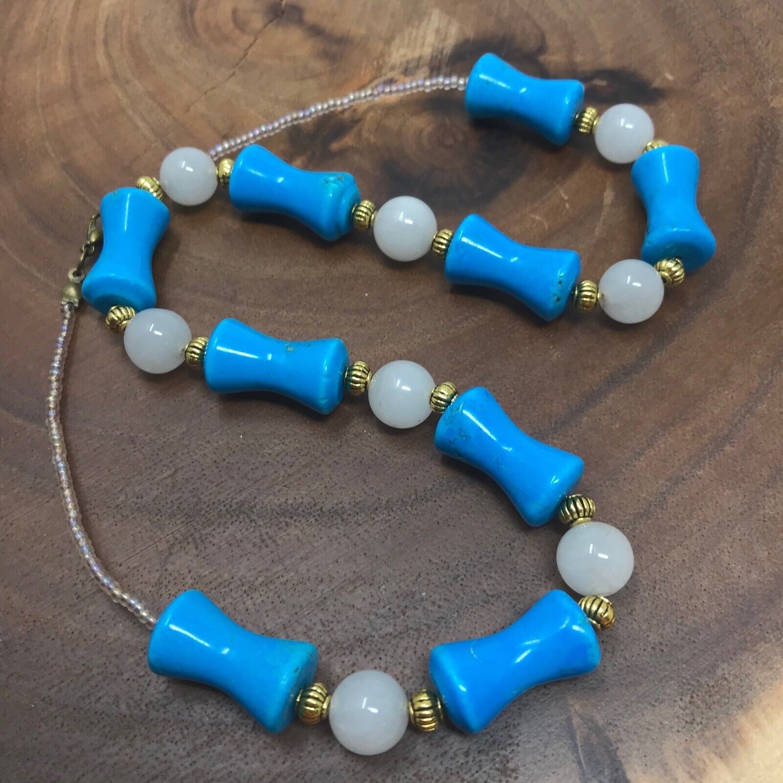 Handmade Beaded Necklace Turquoise Magnesite and White Snow Quartz Natural Stone