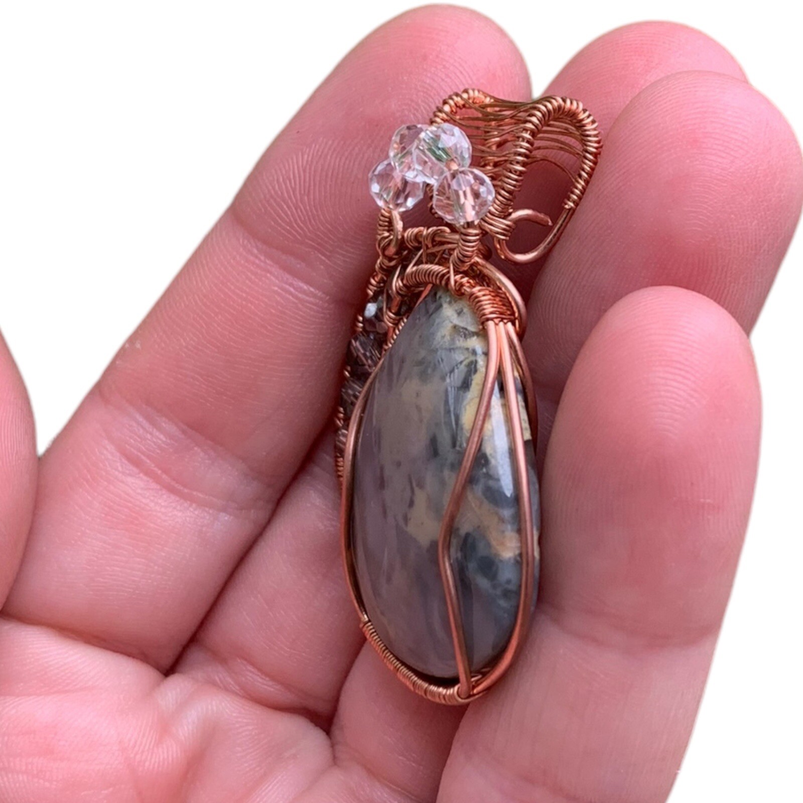 Picasso Jasper Copper Wire Wrap Pendant with Clear & Smoky Quartz Jewelry