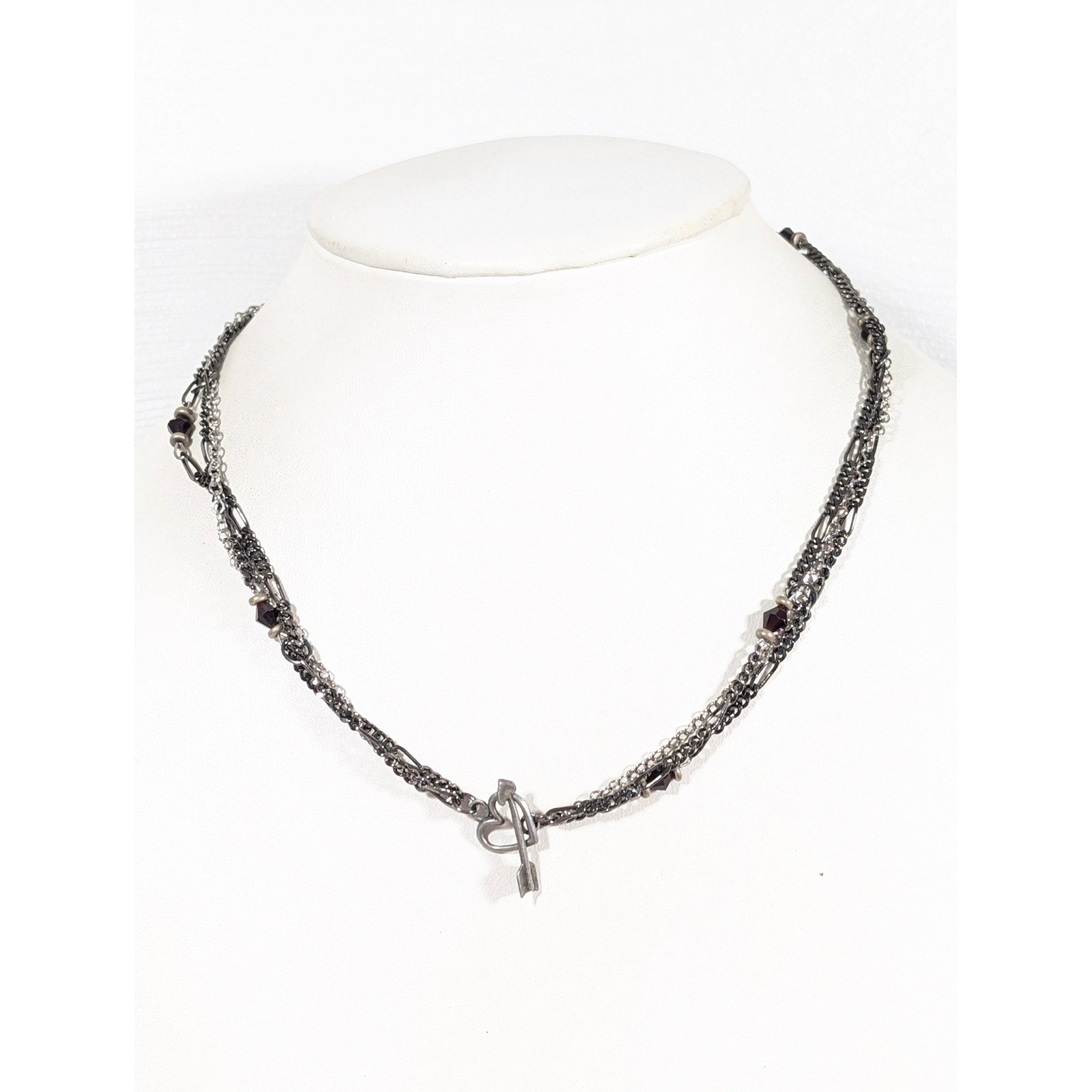 Gray Silver Tone Figaro Multi Strand Necklace Red Glass Beads Heart Toggle 18″