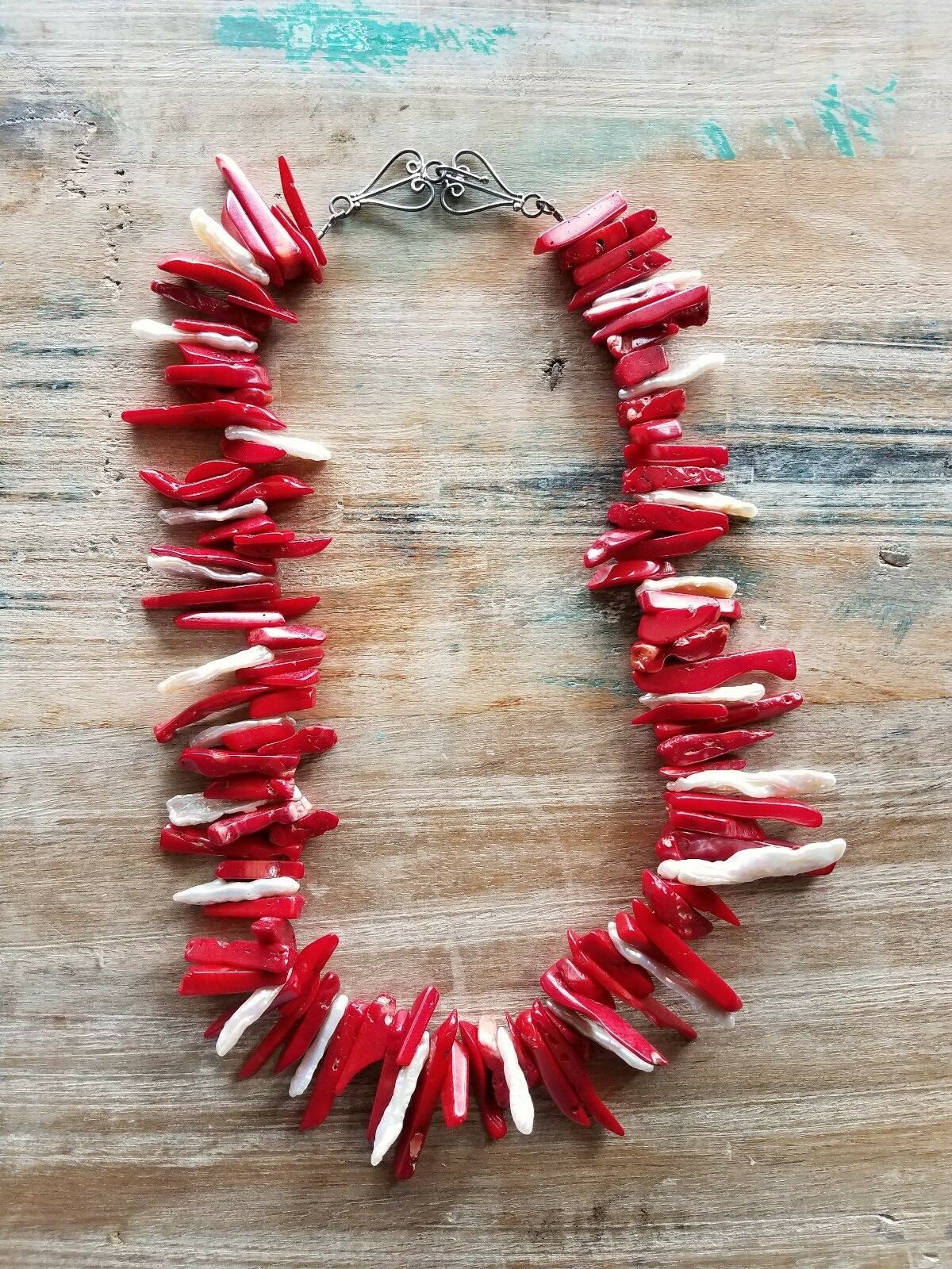 Chunky Dyed Red Bamboo Coral Freshwater Pearl Spikes Strand Necklace 20.5″