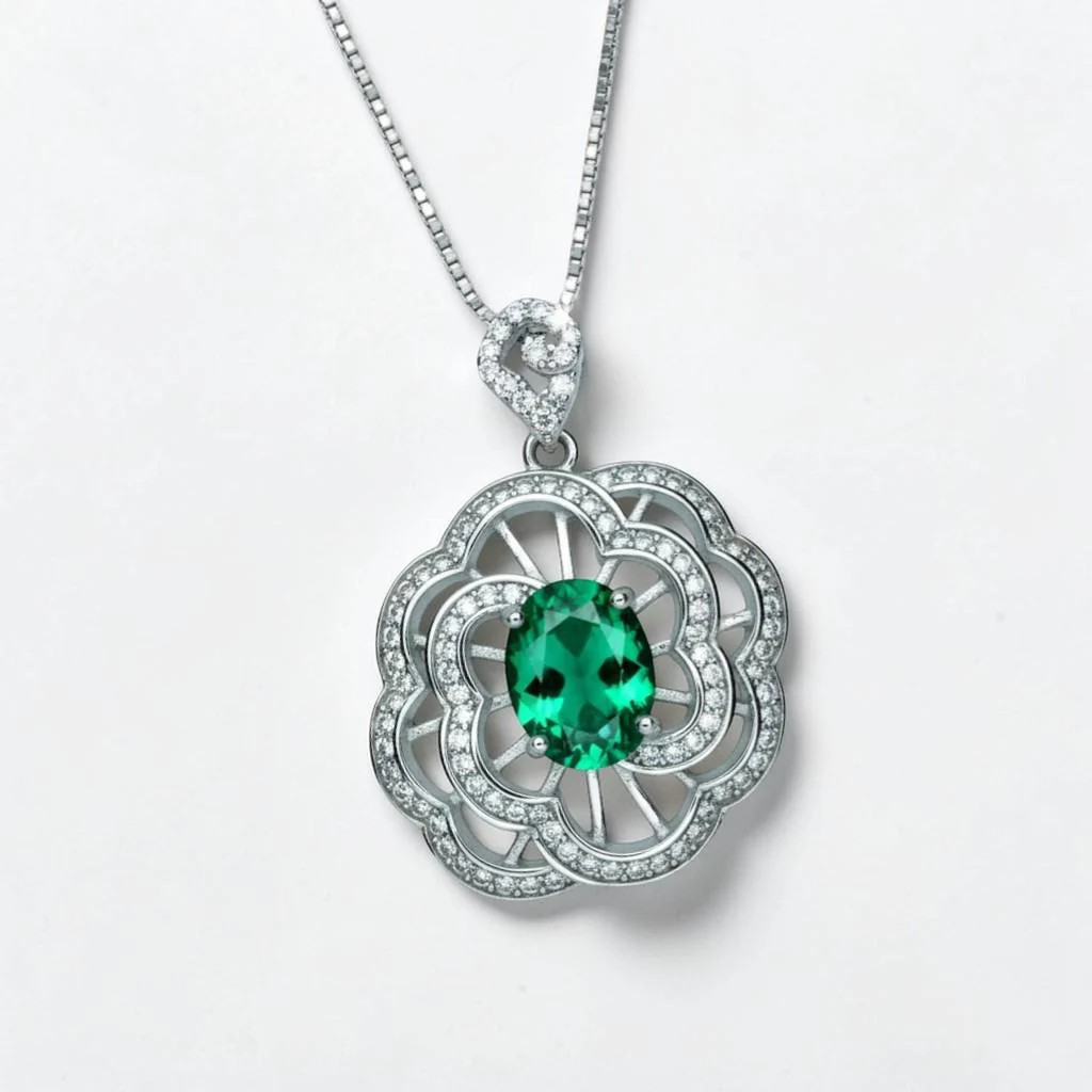 Large Gemstone Peony Emerald Necklace 2.1 CT Oval Cut Emerald Pendant 18KGP @