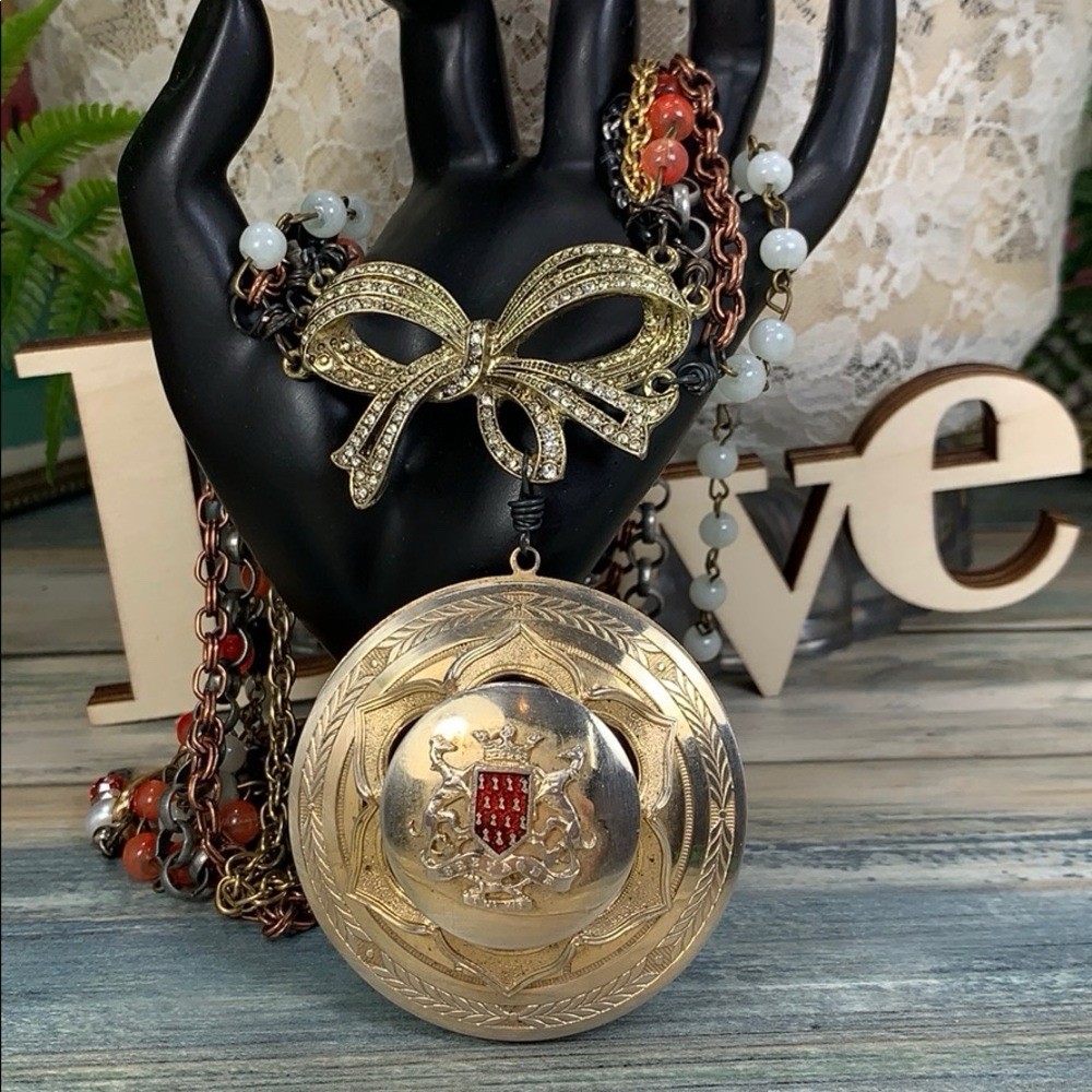 Adorned Crown Artisan assemblage shield medallion multi strand necklace