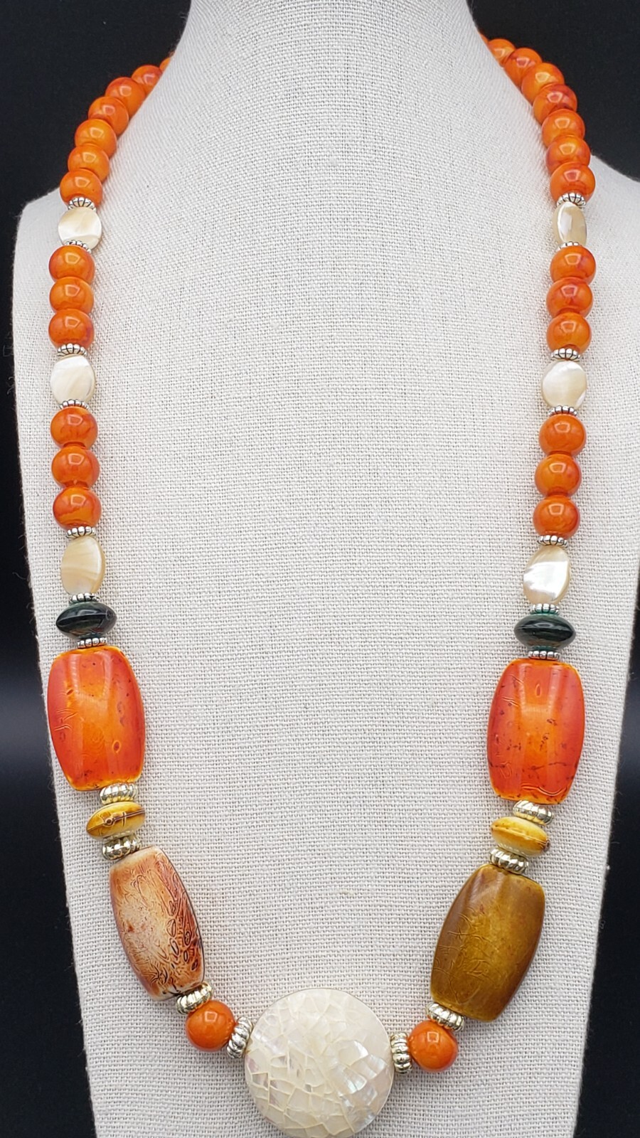 Orange White Mother of Pearl Glass Acrylic Artisan Crafted Beaded Necklace 26 in