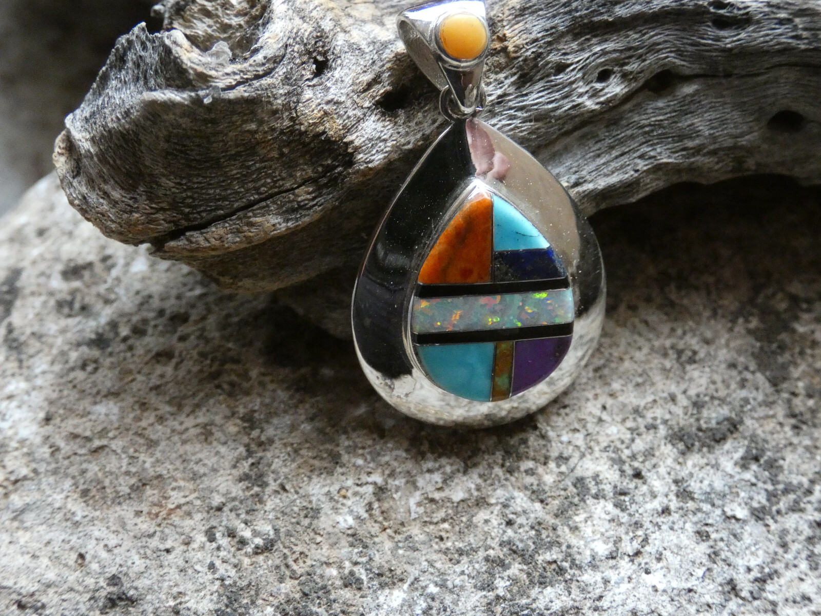 Tear Drop 925 Sterling Silver Colorful Multi Gemstone & White Opal Pendant L21