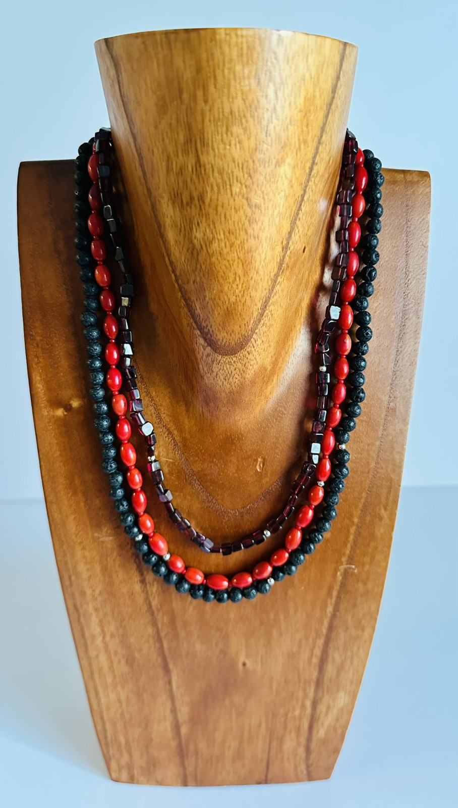 3 Healing Stone Necklace 18” Almandine Garnet, Carnelian Agate, Lava Rock Vtg