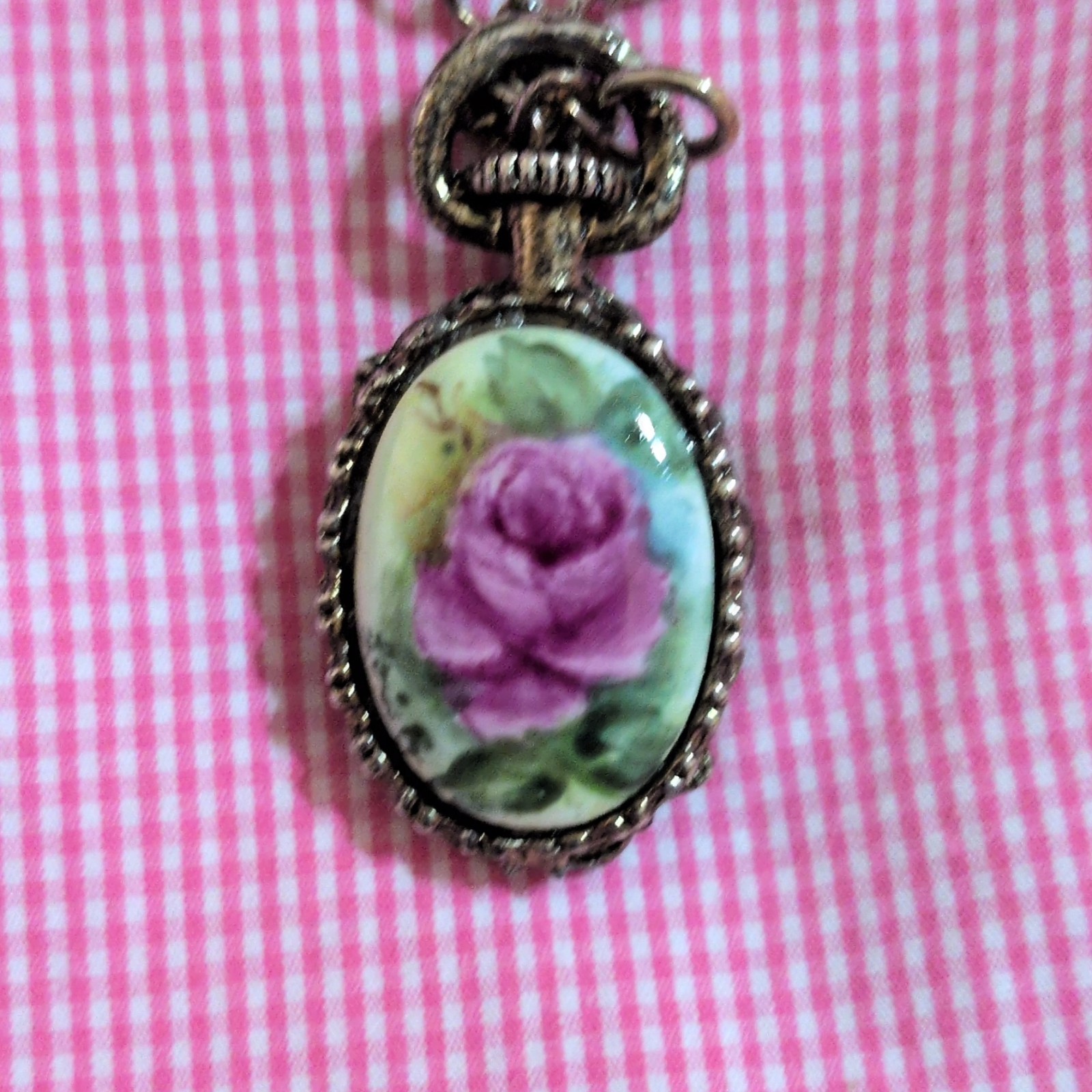 Handcrafted Floral Oval Pendant Necklace Silver Tone Chain Multicolor