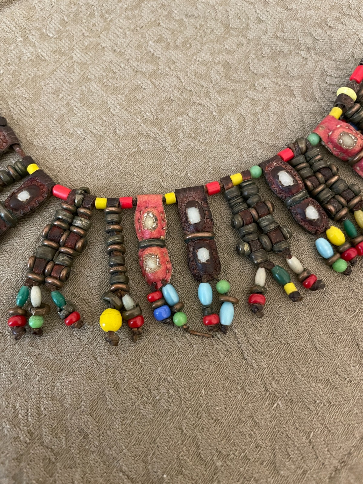 Handmade Folk Art Tribal necklace colorful beads metal beads leather 19”