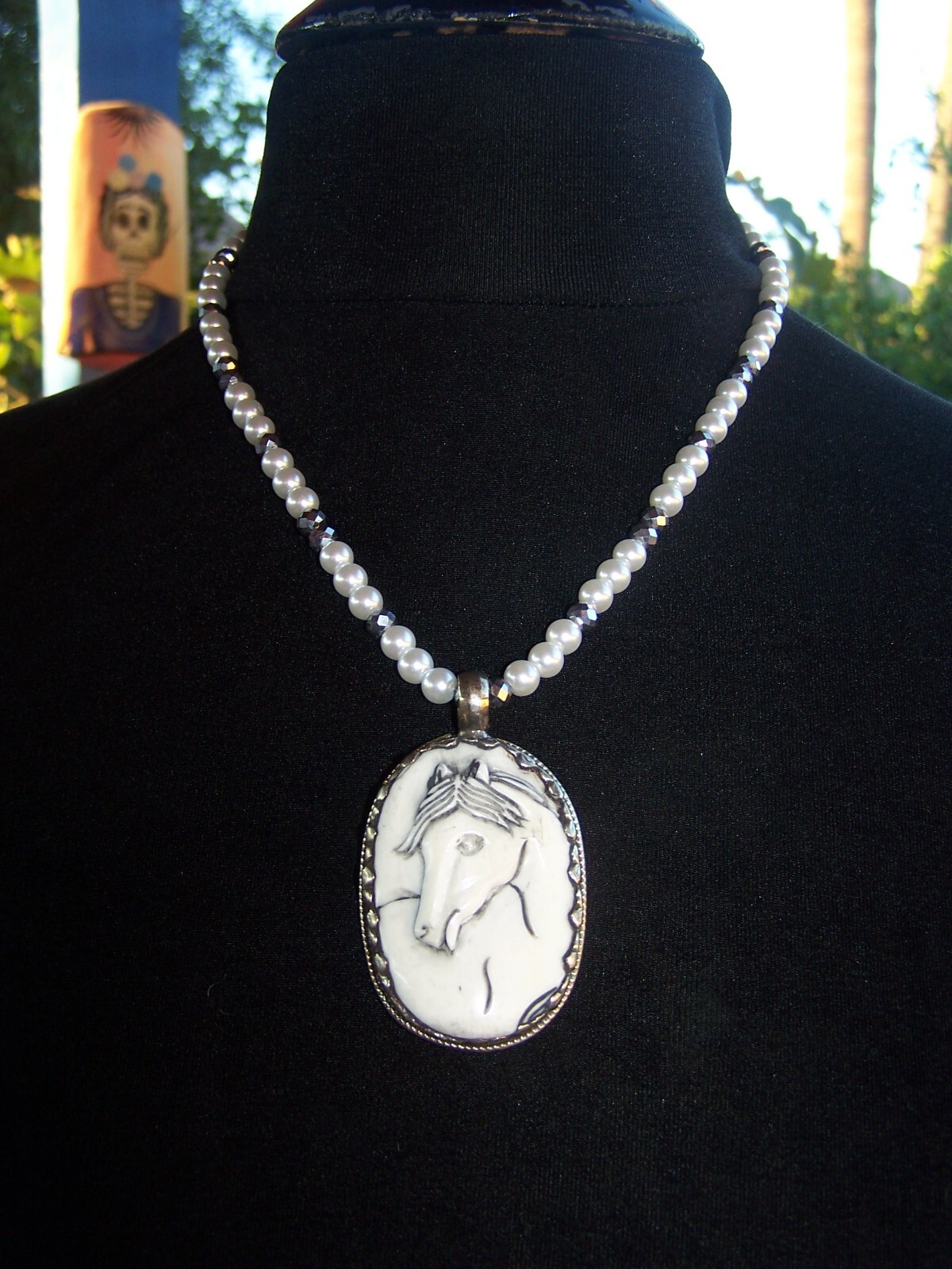 OOAK Western Cowgirl Southwestern Carved Tibetan Horse Faux Pearl Necklace