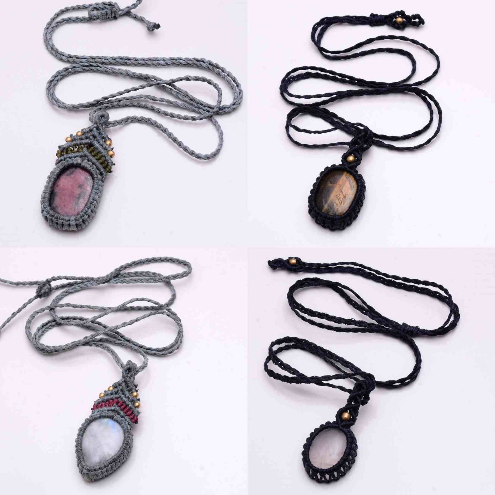 4 Pcs Natural Mix Gemstones Handmade Bohemian Macrame Necklaces Wholesale Lot