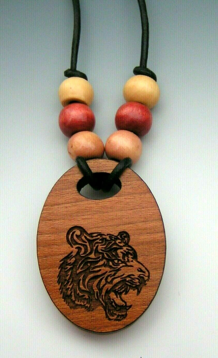 Wood Tiger Pendant on Adjustable Leather Cord Handmade