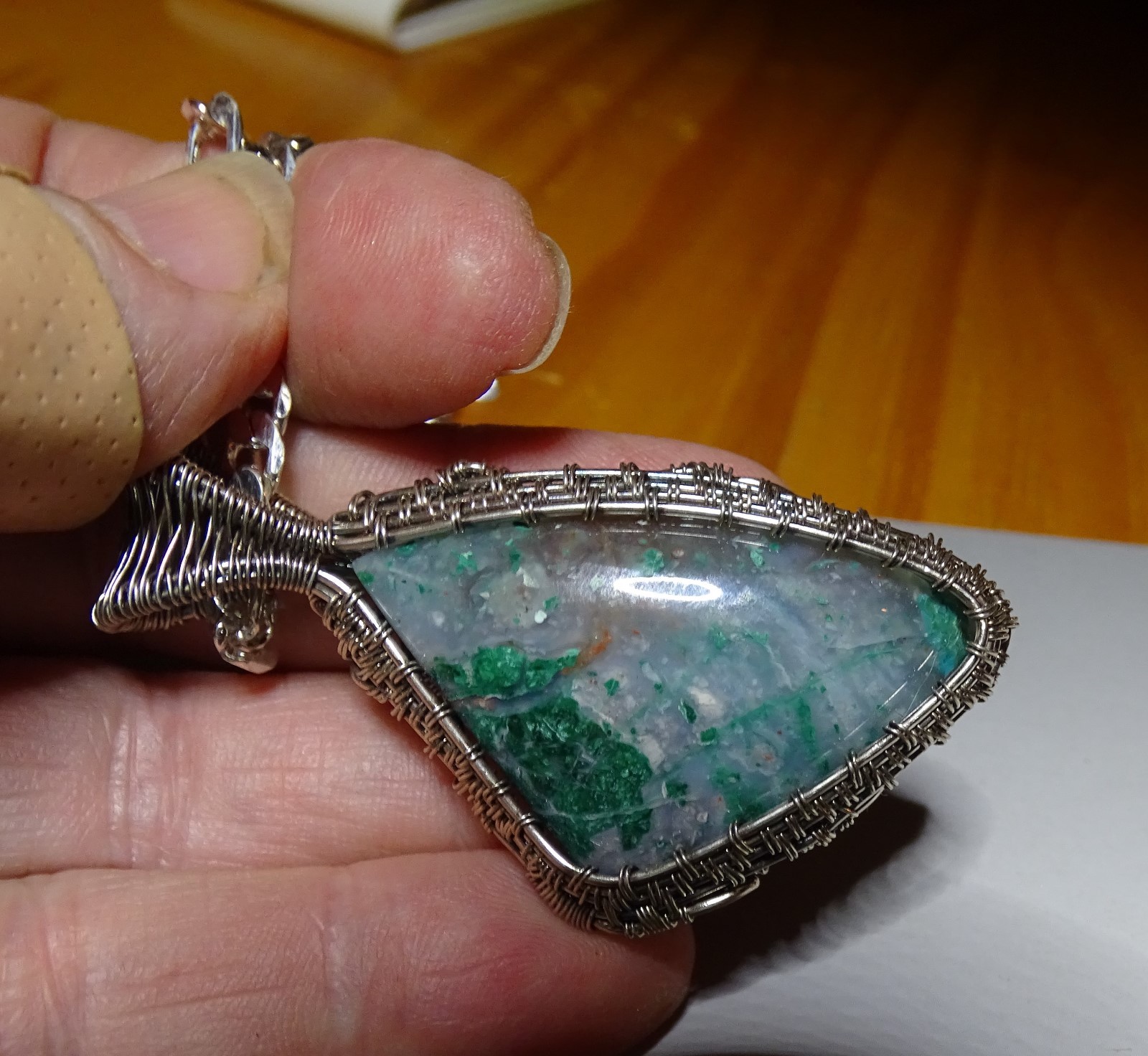 CHRYSOCOLLA, QUARTZ, MALACHITE PENDANT HANDMADE STERLING SILVER WIRE WRAP
