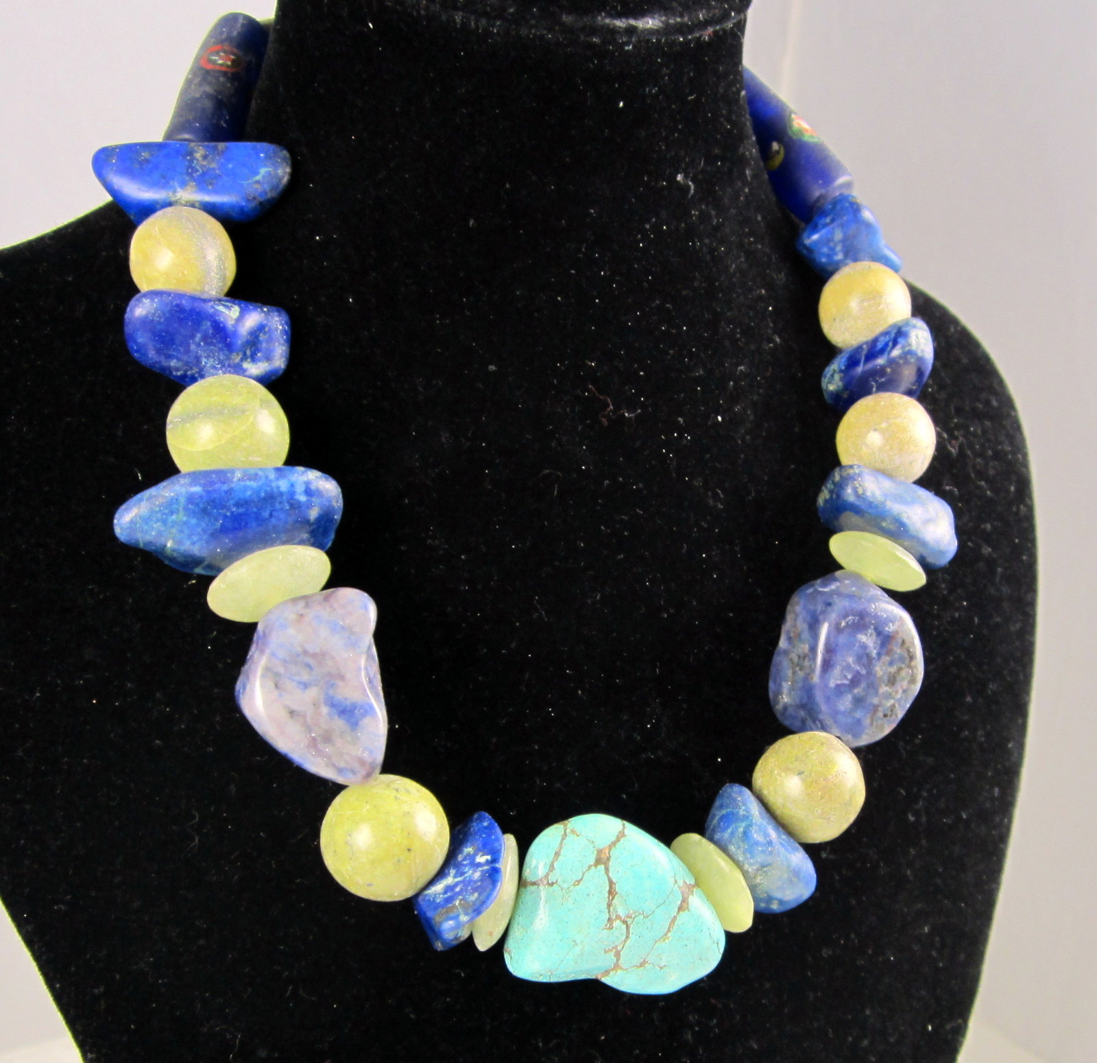 Vintage Estate Sterling Silver Lapis Lazuli Agate Turquoise Nugget Bead Necklace