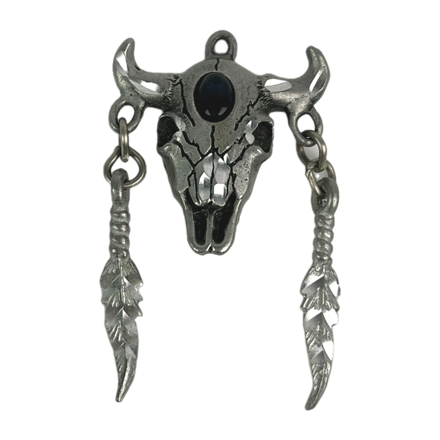 Buffalo Skull Pendant with Feathers Deep Purple Stone Silver Tone 1 3/4″