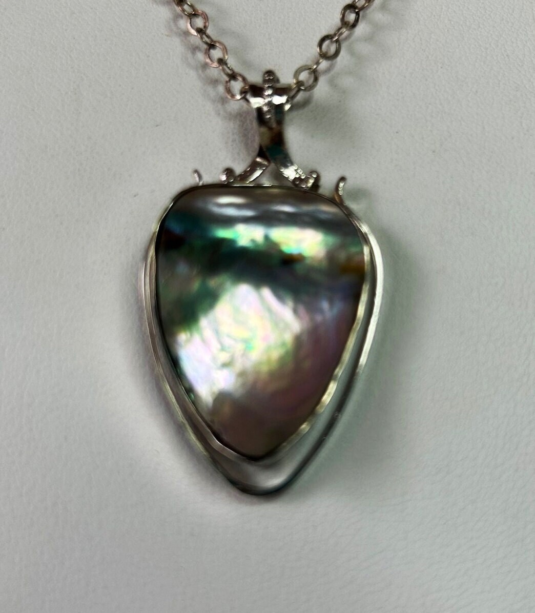 Natural Rainbow Abalone Shell, Sterl. Silver Handmade Pendant. Free Silver chain