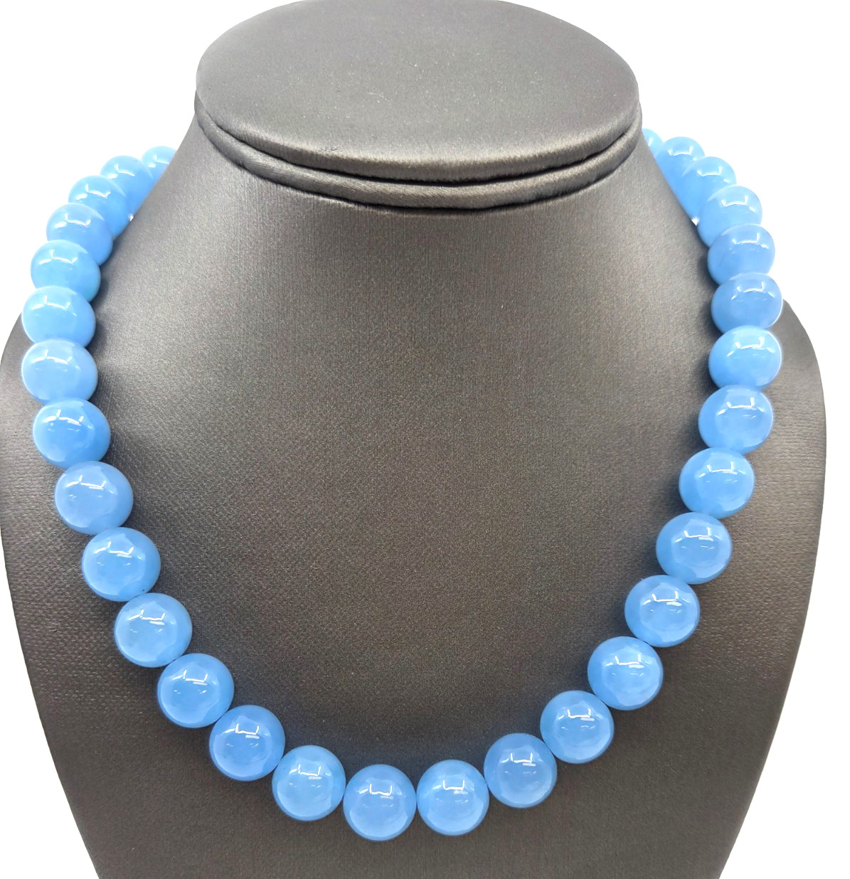 Natural 12 MM Aquamarine Gemstone Beaded Necklace w Sterling Silver clasp