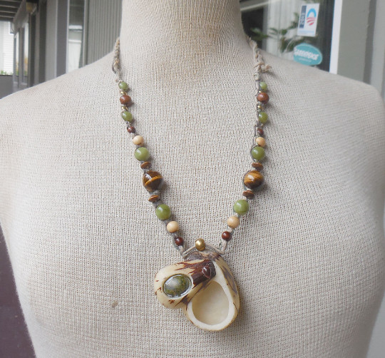 Unakite Tagua Pill Box Locket Secret Stash Hemp Necklace Tiger Eye Jade Beads