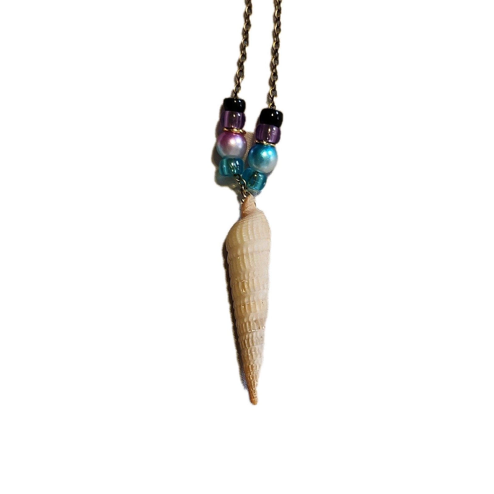 Beaded Charm Necklace with Shell Cone Pendant, Gold Multicolor Glass Beads