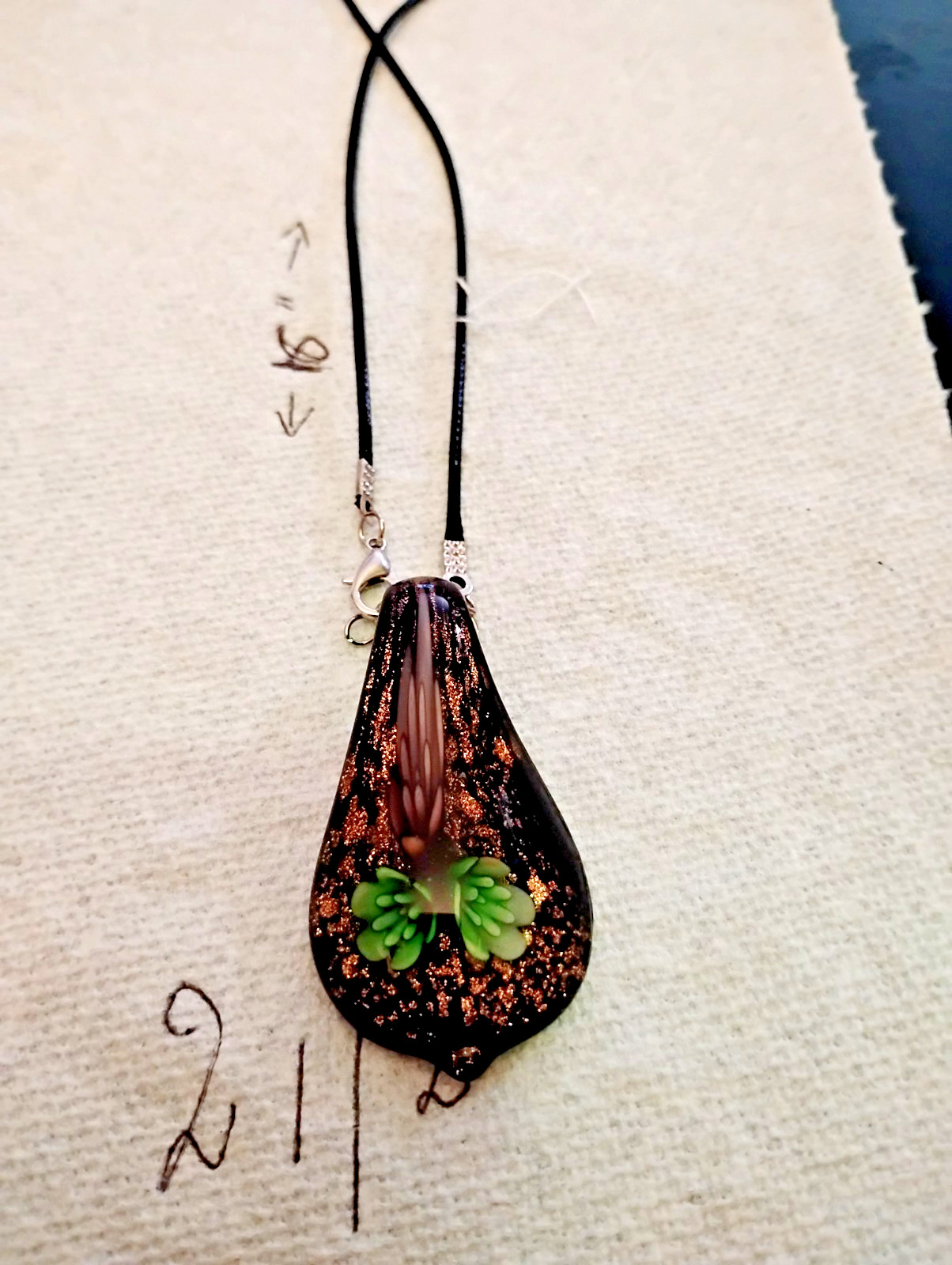 Hand Blown Murano Style Glass,Green Purple Pendant Necklace oblong,2 1/2″ A14