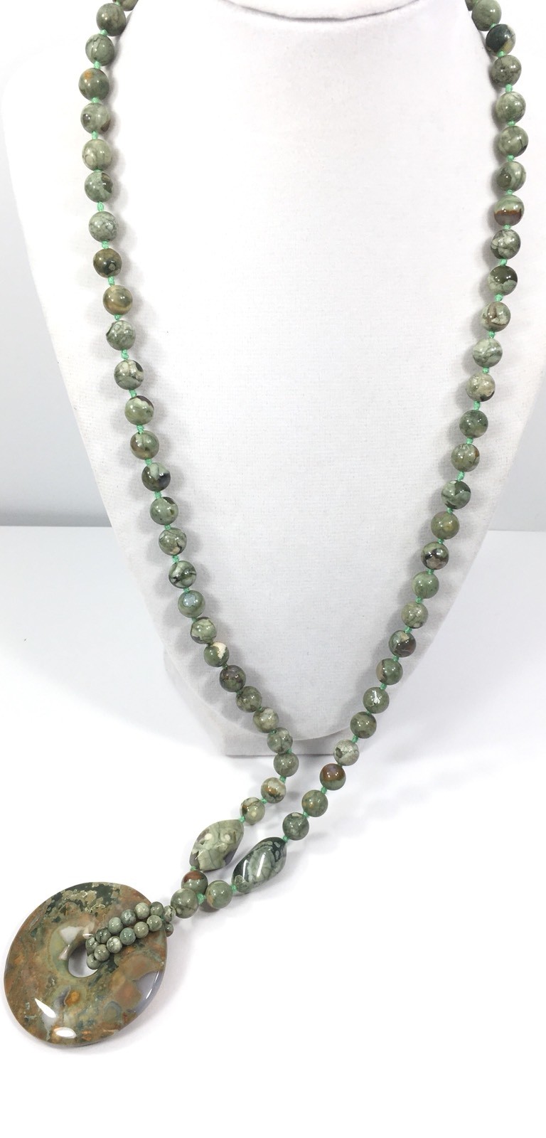 Carved Ocean Jasper Knotted Bead Long Necklace 28” Heaven Earth Disc 2” Pendant
