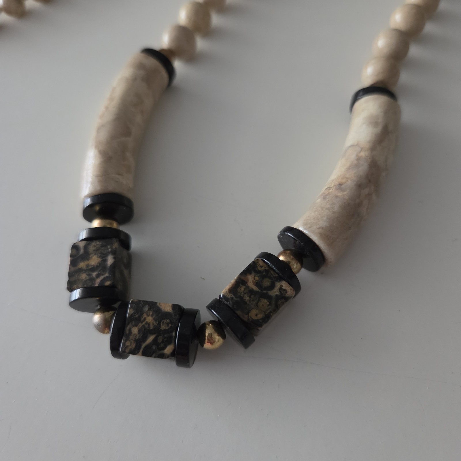 Polished Jaspar Leopard Skin & Onyx Knotted Beaded Stone Necklace