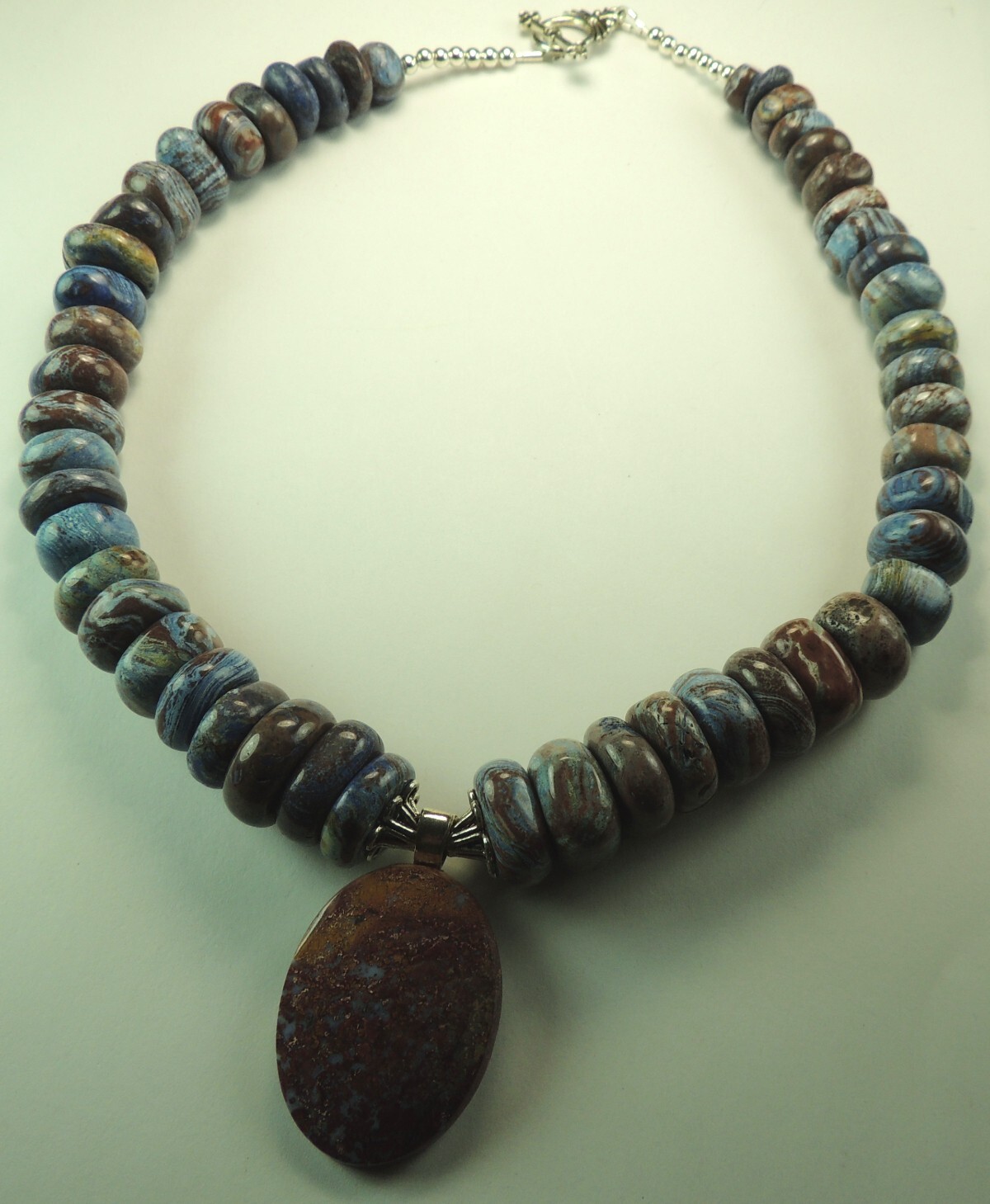 Blue & Brown Jasper Rondelle Necklace Jasper Pendant Sterling Silver