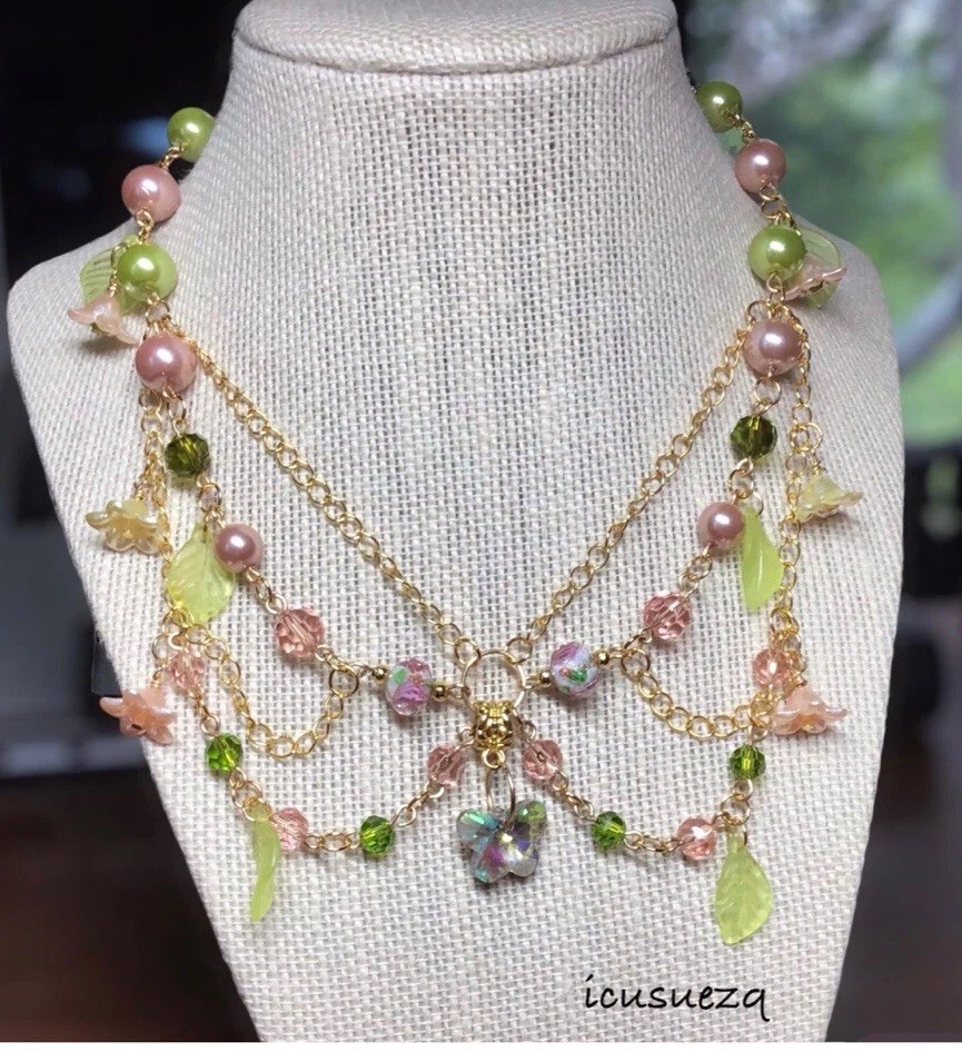 HANDMADE Beautiful Beaded Bib Necklace Butterfly Charm Fairycore Cottagecore