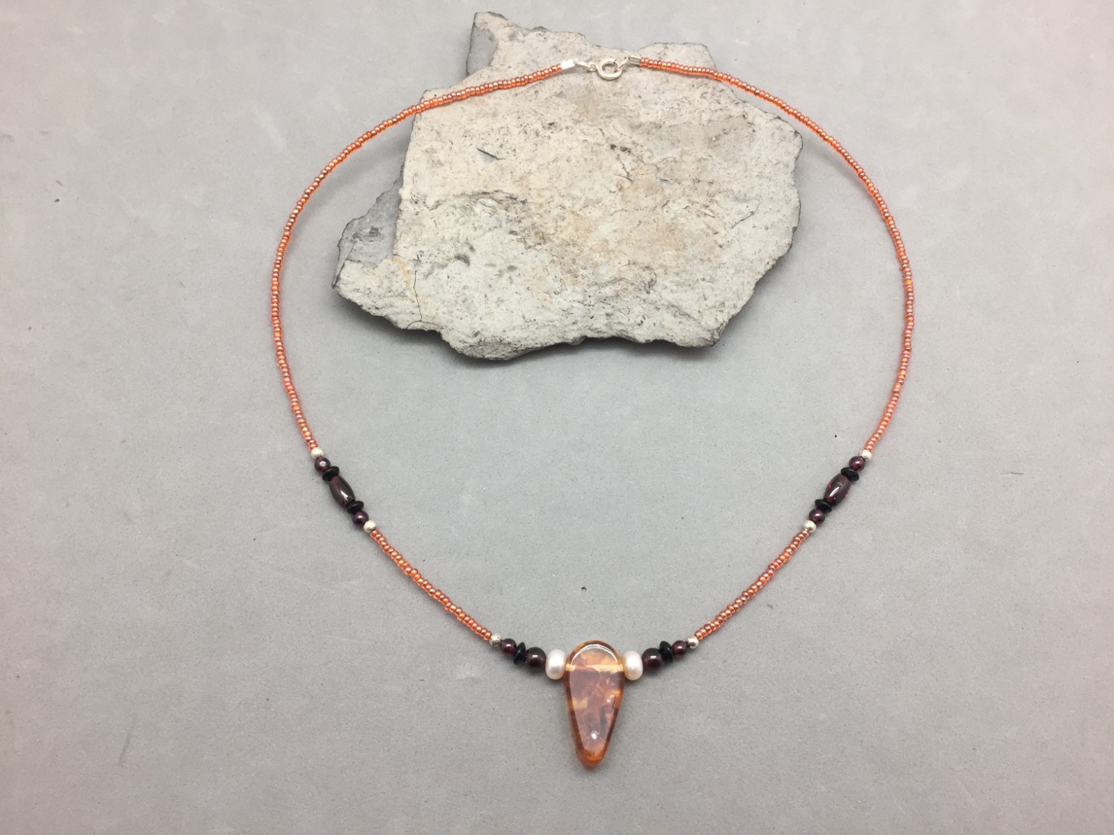 Genuine Amber Pearl Garnet Necklace Red Glass Seed Beads 20″ Sterling Silver