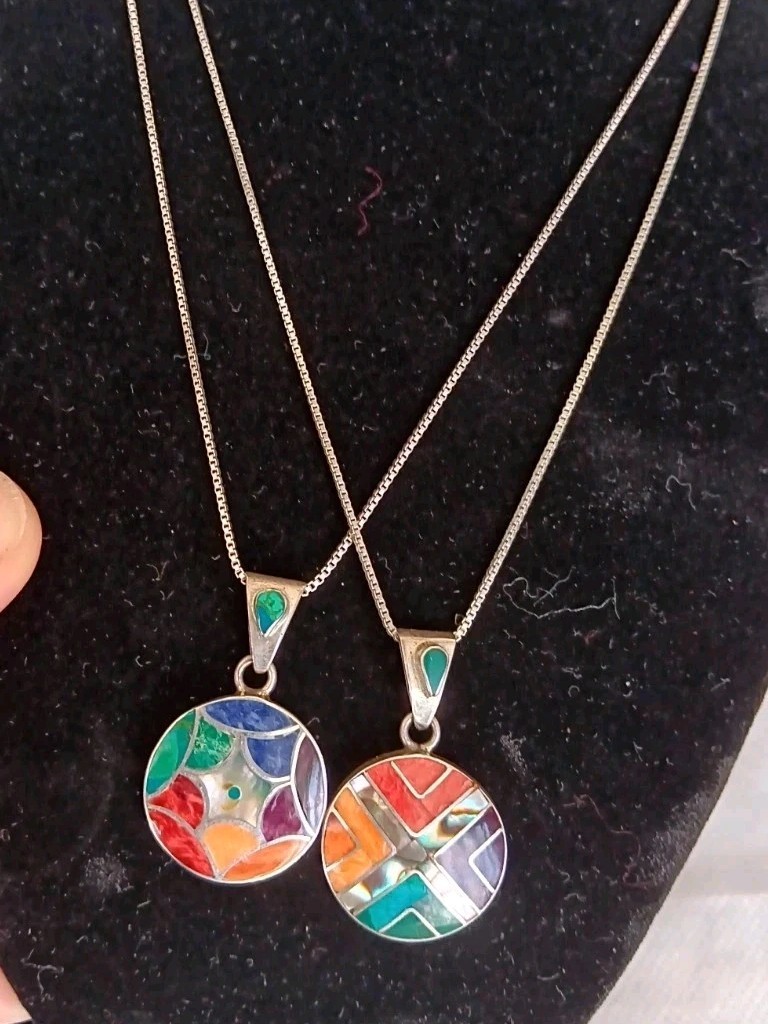 PENDANT Necklace .950 Sterling Silver Handmade PERU Spiny Oyster Shell Inlays