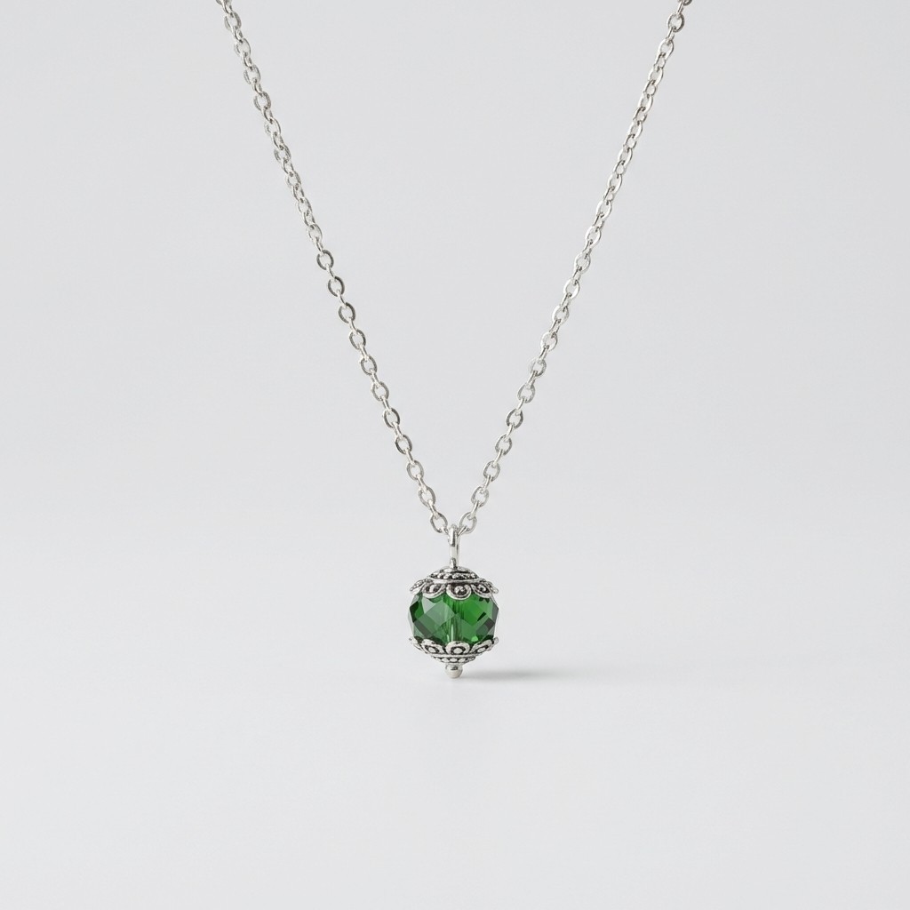 Green and Silver Chain Necklace Handmade Jewelry