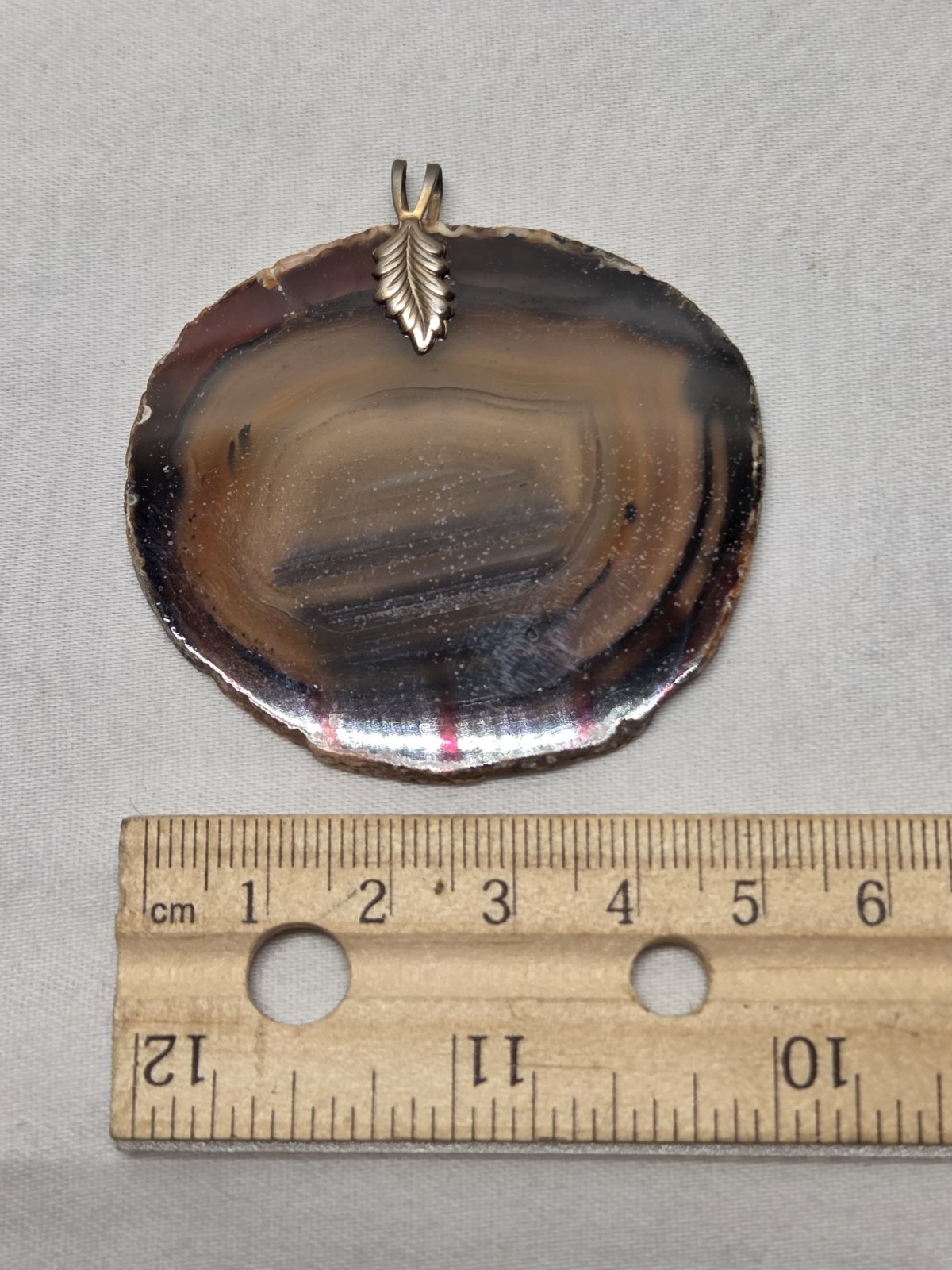 Handcrafted Agate Slice Pendant Stone Metal Brown Black Beige Leaf Bail
