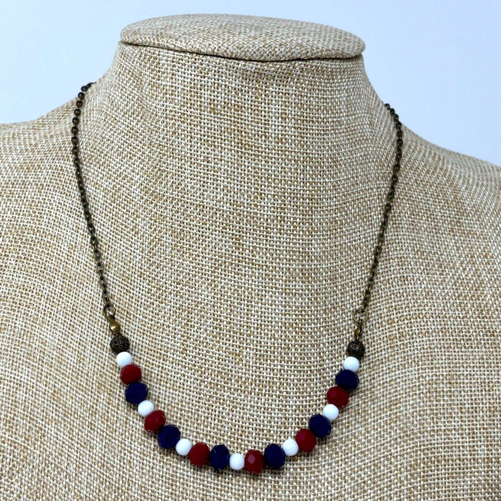 Handmade Beaded Chain Necklace Red White Blue Opaque Glass Beads Patriotic 18″