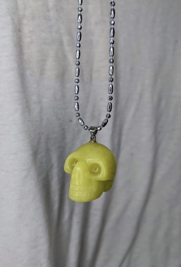 Yellow jade carved skull necklace Semiprecious gemstone pendant