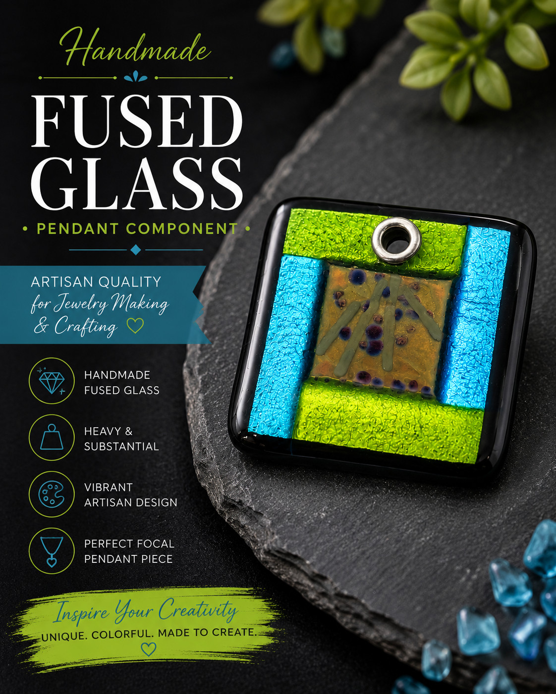 Handmade Fused Glass Pendant Tile Artisan Jewelry Making Craft Supply Heavy