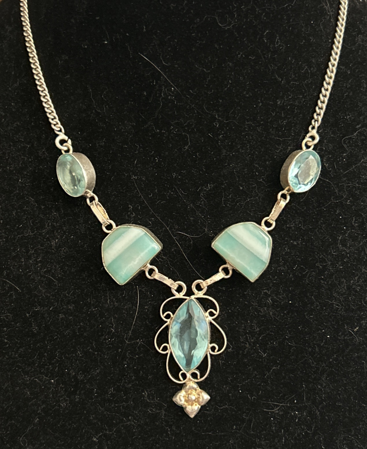 Artisan Silver Blue Quartz Blue Glass Colored Stones 18” Pendant Necklace