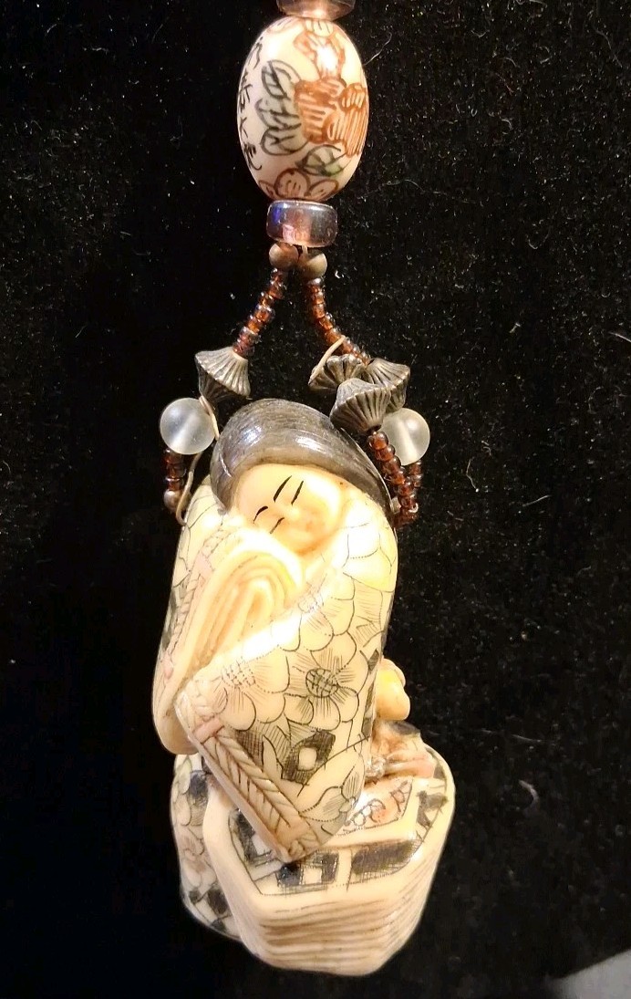 Vtg Handcrafted/Handcarved Asian Pendent Necklace~Asian Beads & Natural Stones