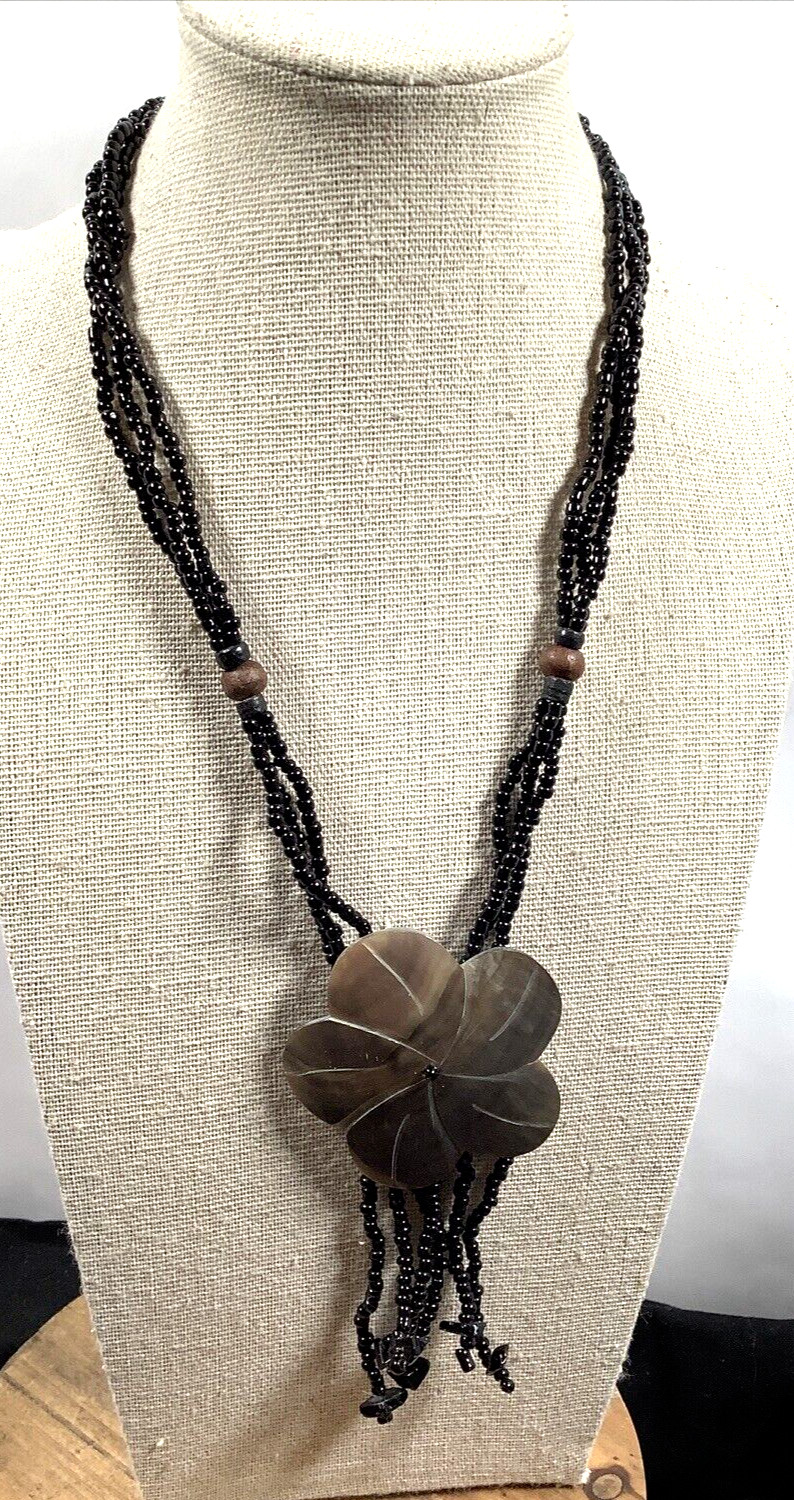 Artisan Handmade Black Seed Bead Necklace Flower Shell Pendant 17 1/2″
