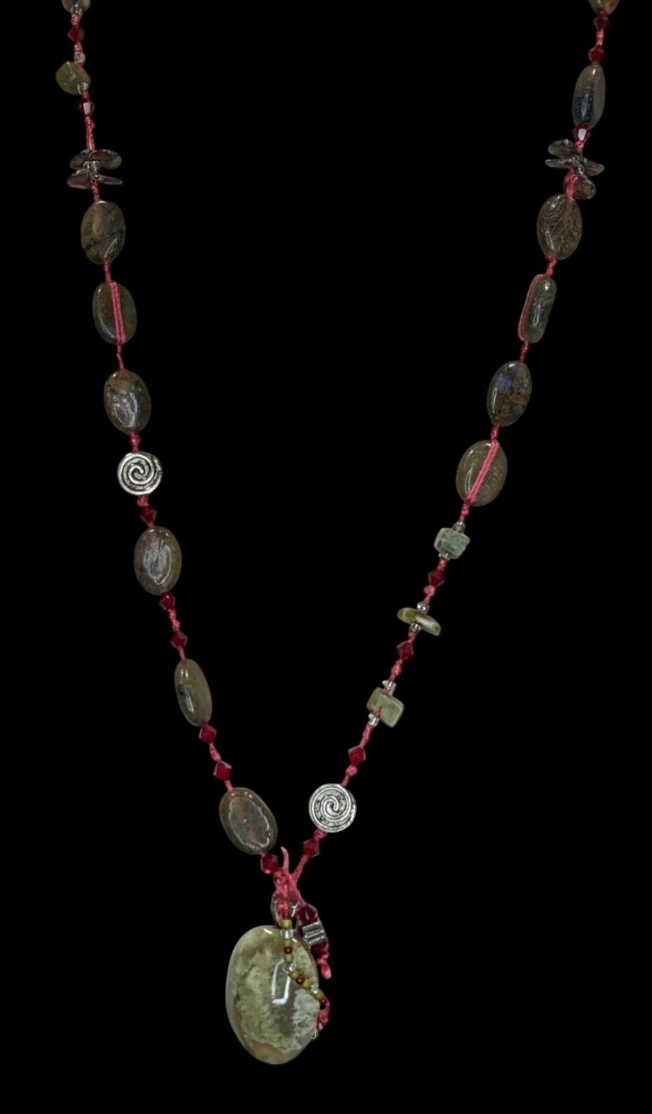 Vintage Moss Agate Beaded Pendant Necklace Handmade Boho Nature Green Red Gemsto
